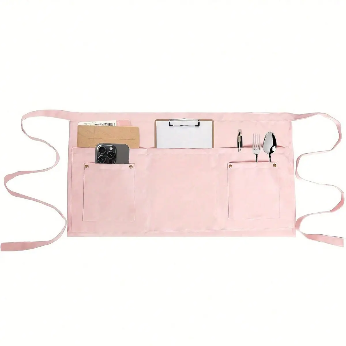 5 Pocket Server Work Apron with Rivet Decoration, Neutral Short Half-Length Apron for Café, Restaurant, Kitchen, Home Use