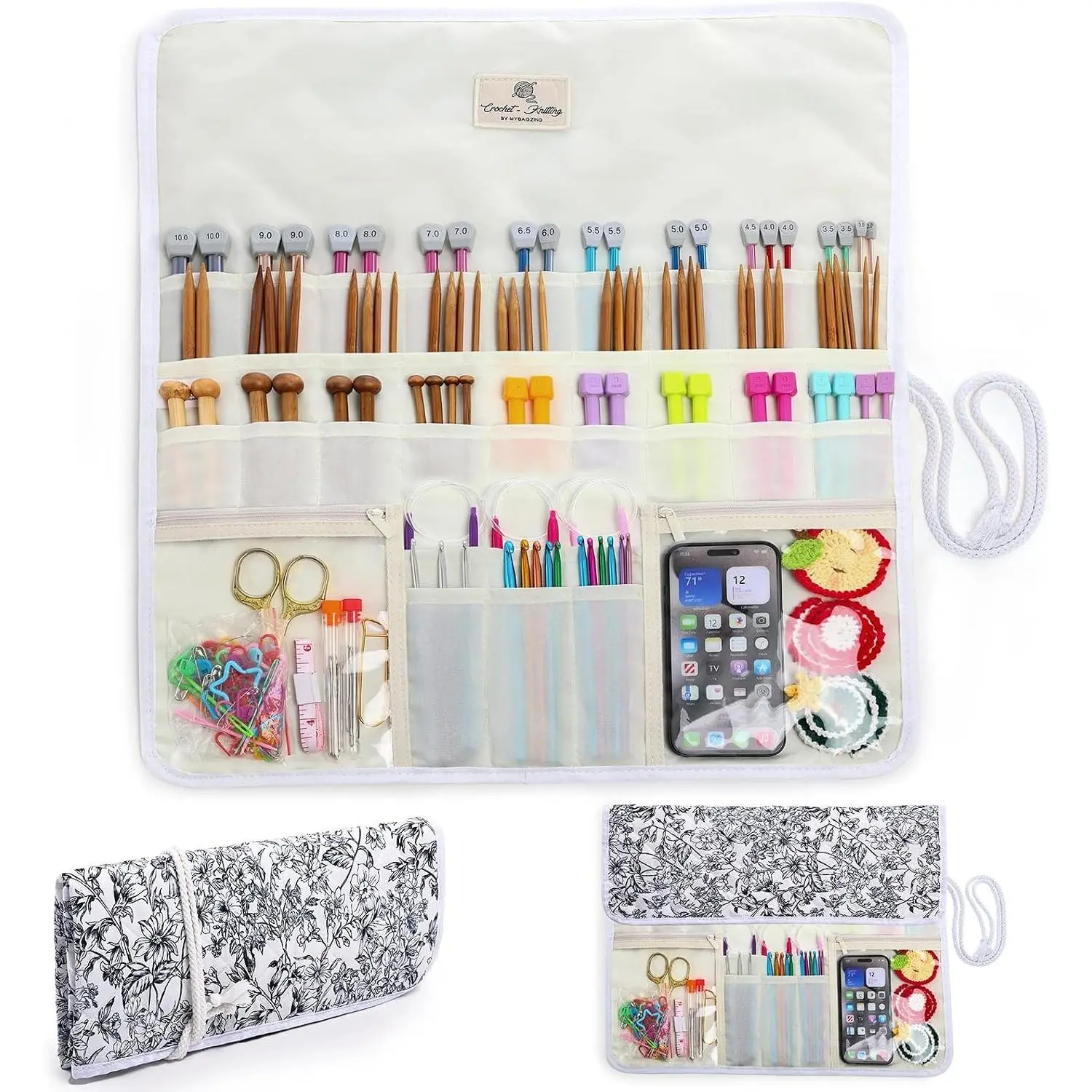 Knitting Needle Organizer Case Up to 14”, Rolling Storage for Straight & Circular Knitting Needles, Crochet Hook Organizer Bag, Knitting Notions Case, Foldable Travel Needle Holder(BAG ONLY)