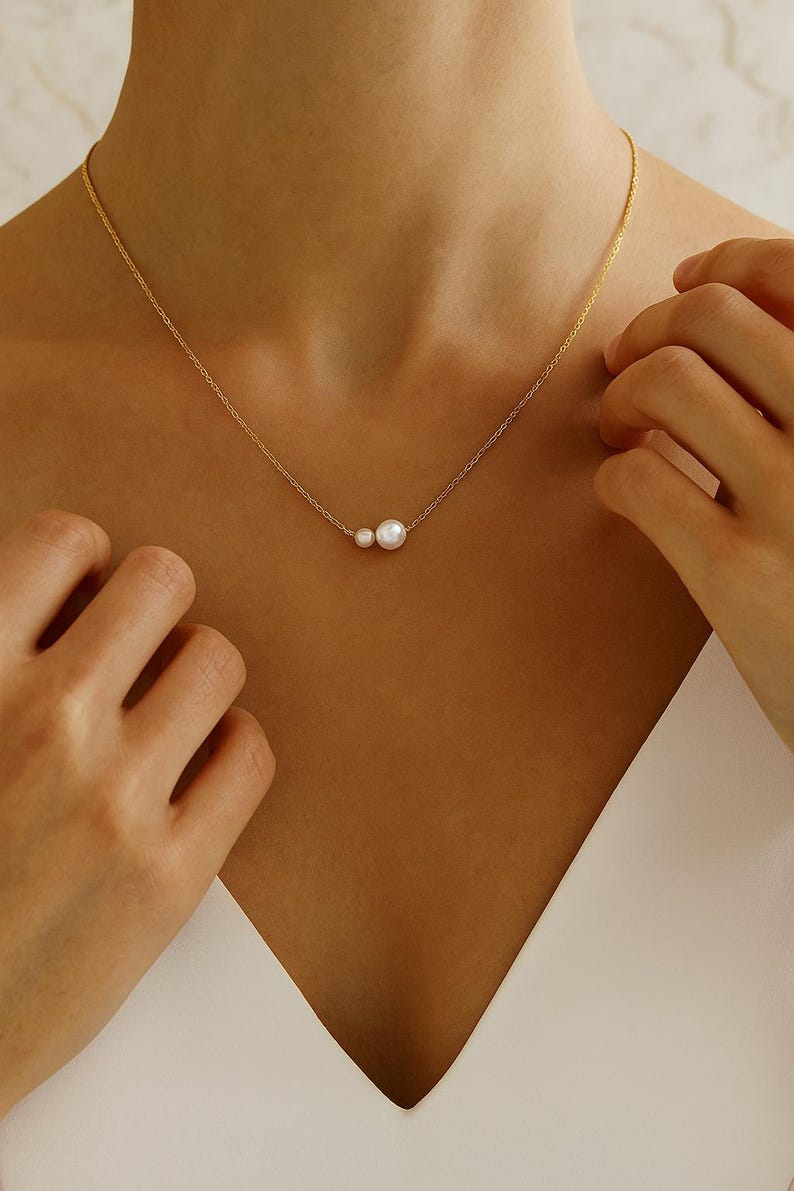 Minimalist Double Pearl Necklace – 14K Gold Plated Dainty Chain Jewelry for Women, Hypoallergenic and Tarnish Resistant, Perfect Elegant Gift for Wedding, Anniversary, or Valentine’s Day Celebration