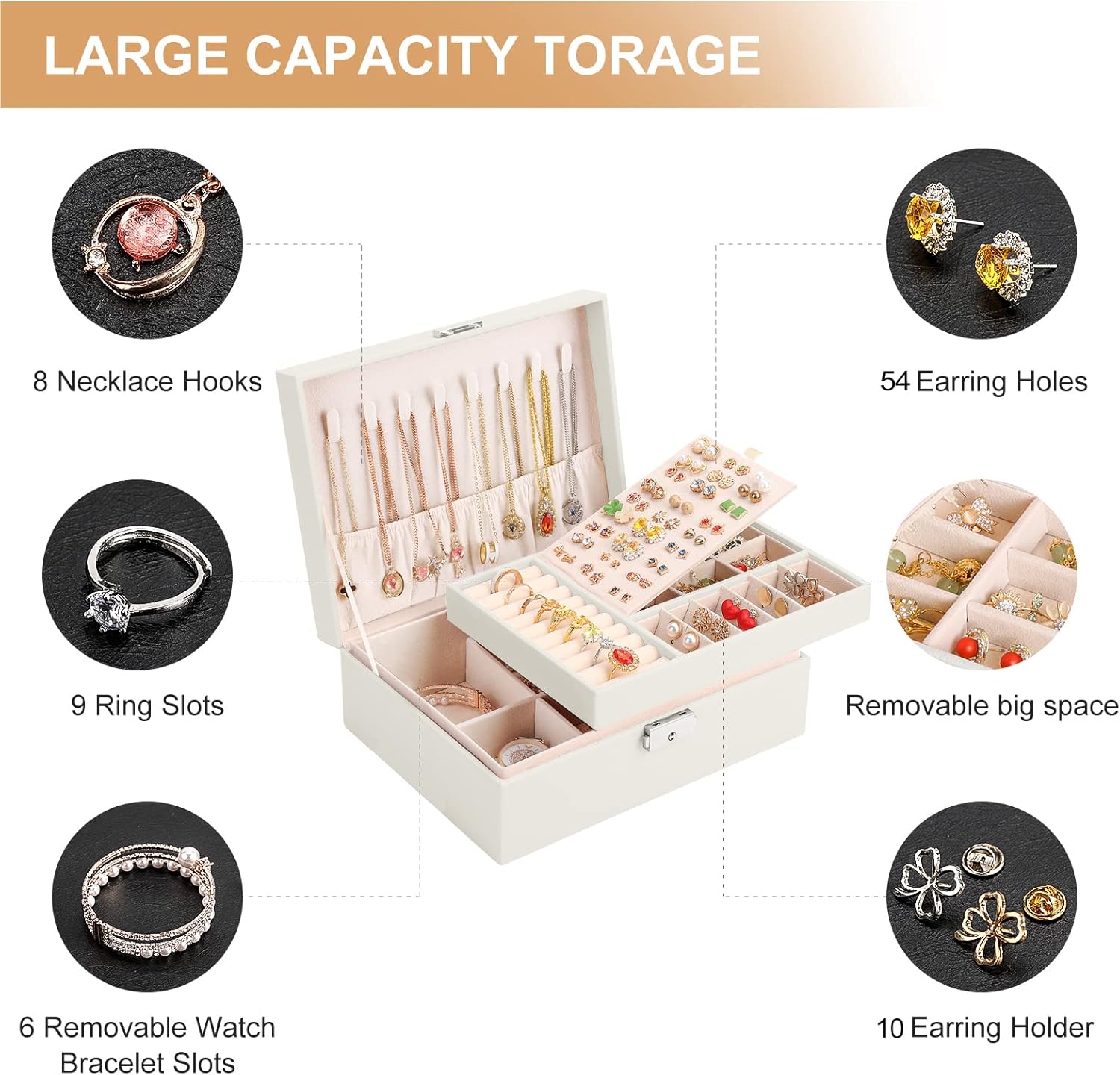 Jewelry Organizer Box PU Leather Jewelry Box for Girls Womens Earring Organizer Boxes 2 Layer Large Jewelry Storage Case Removable Tray for Necklace Earring Ring with Polishing Cloth and Jewelry Bags