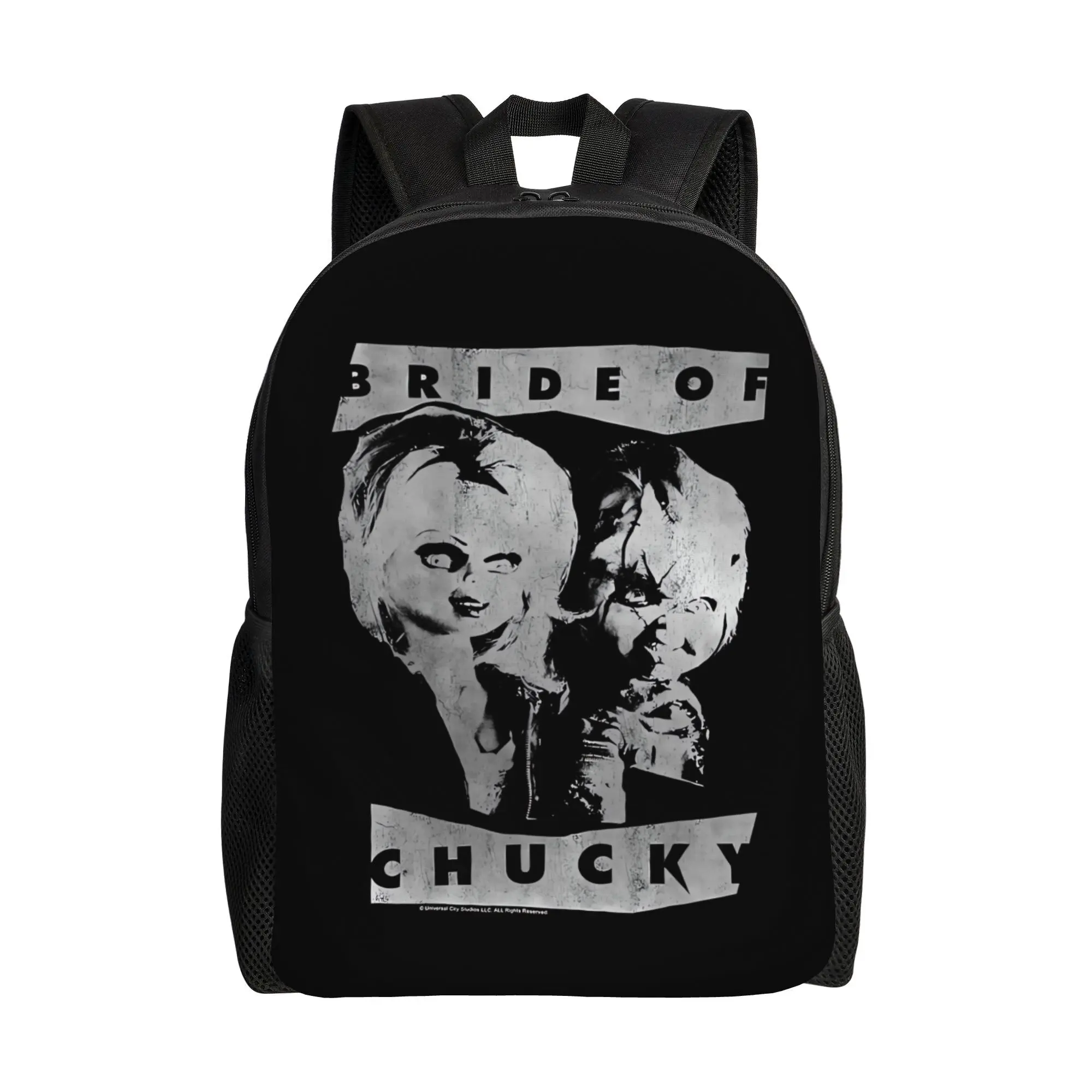 Bride Of Chucky Vintage Horror Movie Backpack, Grayscale Distressed Chucky & Tiffany Print 600D Oxford 15in Laptop Bookbag For Horror Fans Teens Goth Street Travel Daypack Gift