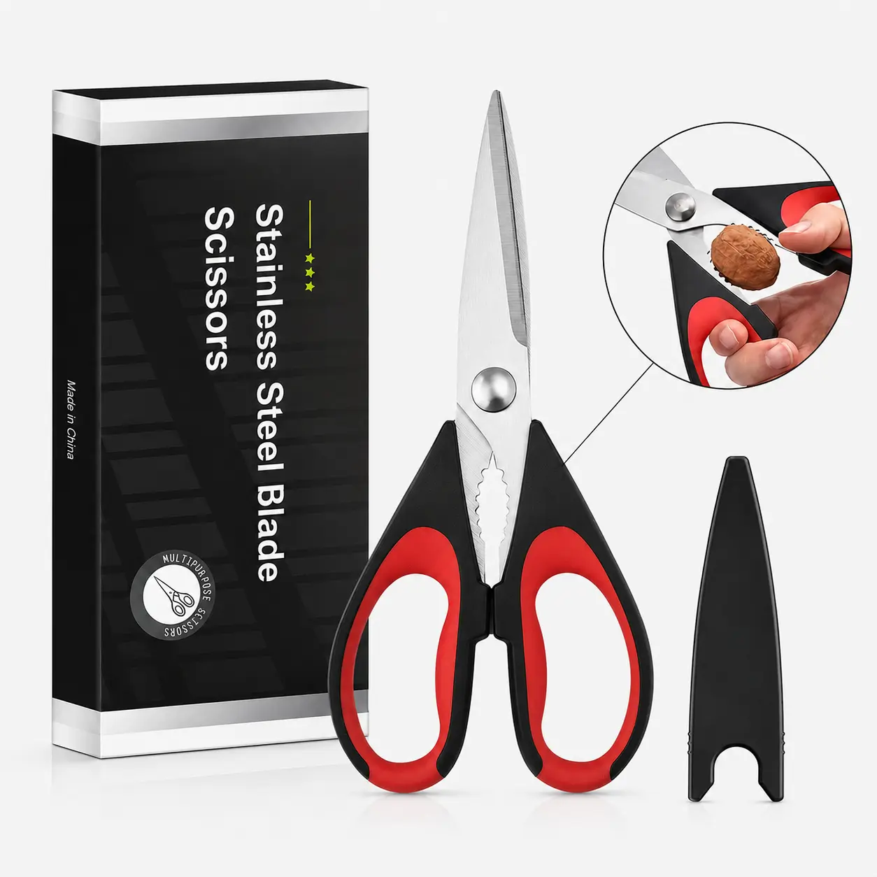 Heavy Duty Kitchen Scissors with Protective Cover, Stainless Steel Multipurpose Shears for Meat, Chicken, Vegetables & Herbs, Sharp Cooking Scissors with Ergonomic Grip