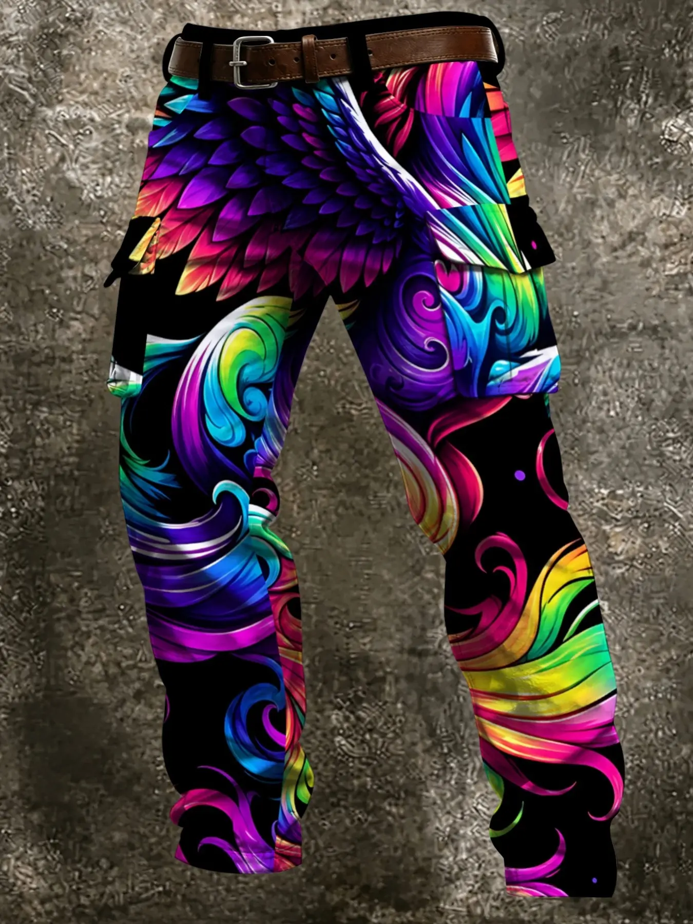 Neon Gradient Wings Vortex Print Work Pants, Psychedelic Colorful Streetwear Outdoor Long Pants, Trendy Fashionable Cargo Trousers