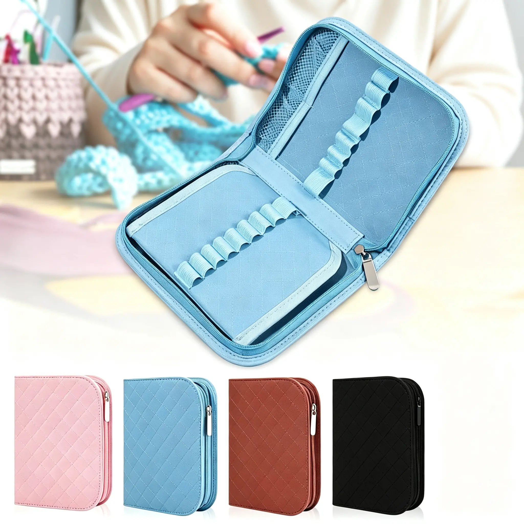 Crochet Storage Bag, Multi-Layer Portable Yarn Needles Organizer Pouch, DIY Sewing Craft Accessories Storage Case for Knitting Crafters