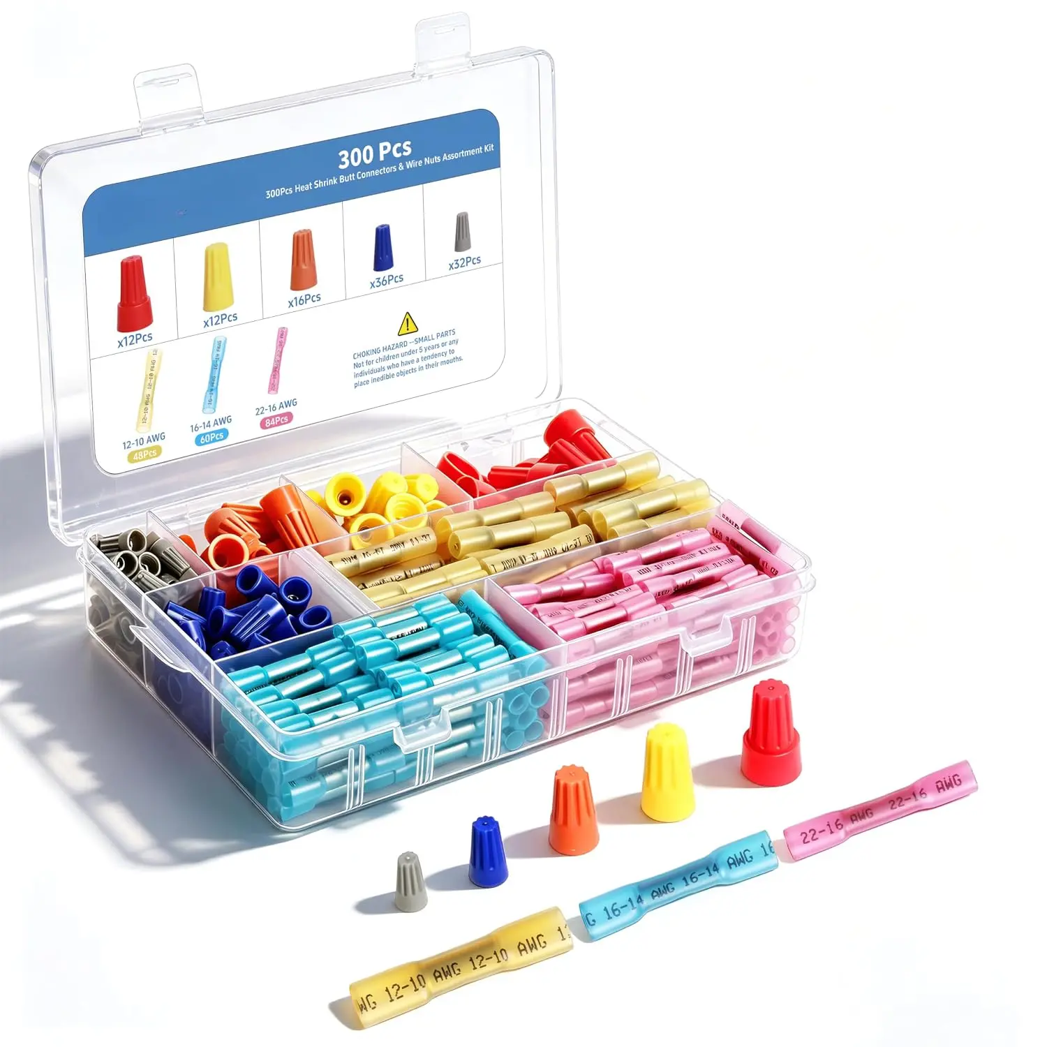 300Pcs Heat Shrink Butt Connectors & Wire Nuts Assortment Kit - Waterproof Electrical Crimp Wire Connectors, Insulated Butt Splice Terminals & Twist-On Wire Caps for Automotive Marine Wiring