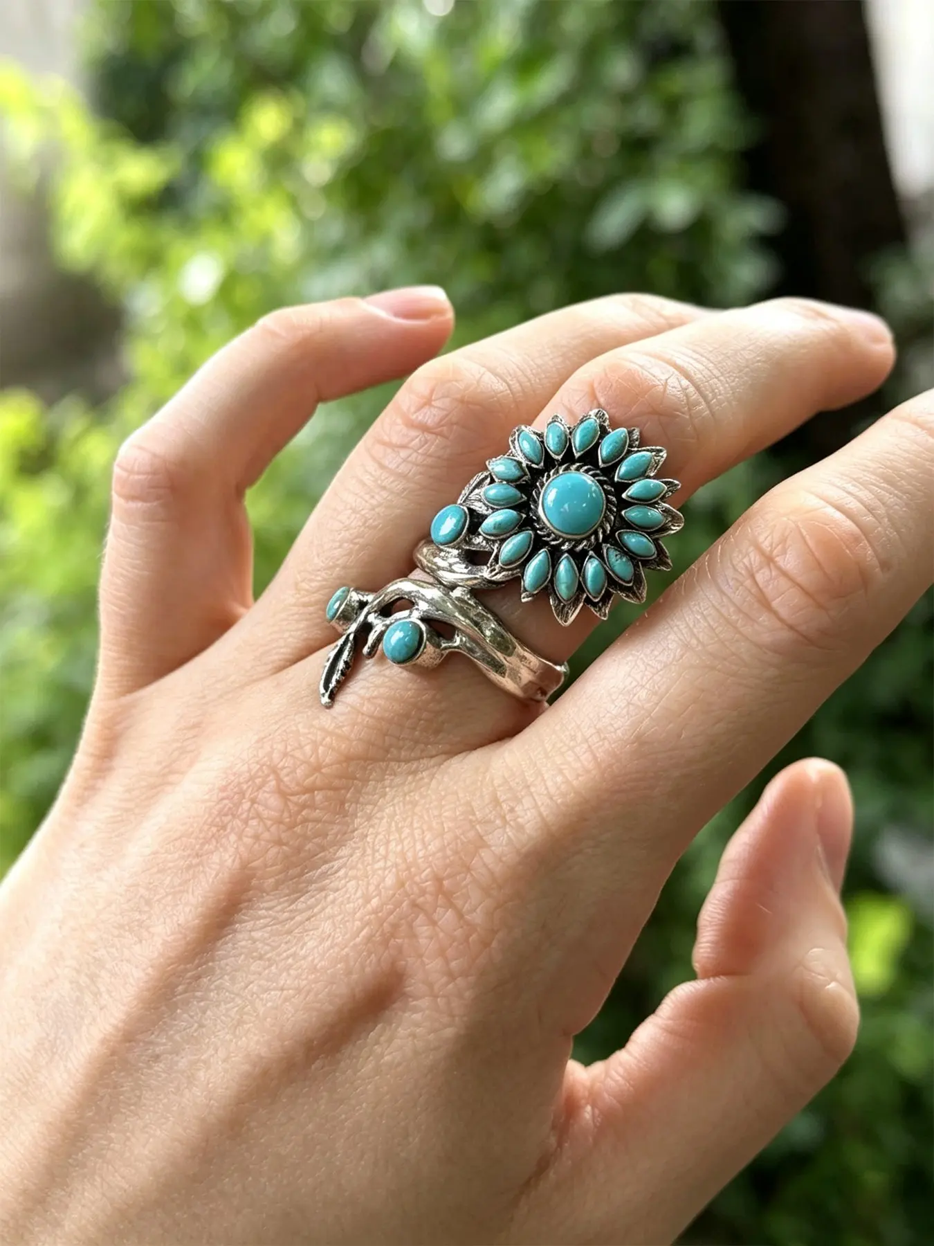 1 Piece Vintage Sunflower Turquoise Color Branch Open Ring Women Bohemian Adjustable Wrap Ring Retro Western Floral Statement Ring Trendy Daily Party Costume Jewelry Gift For Her