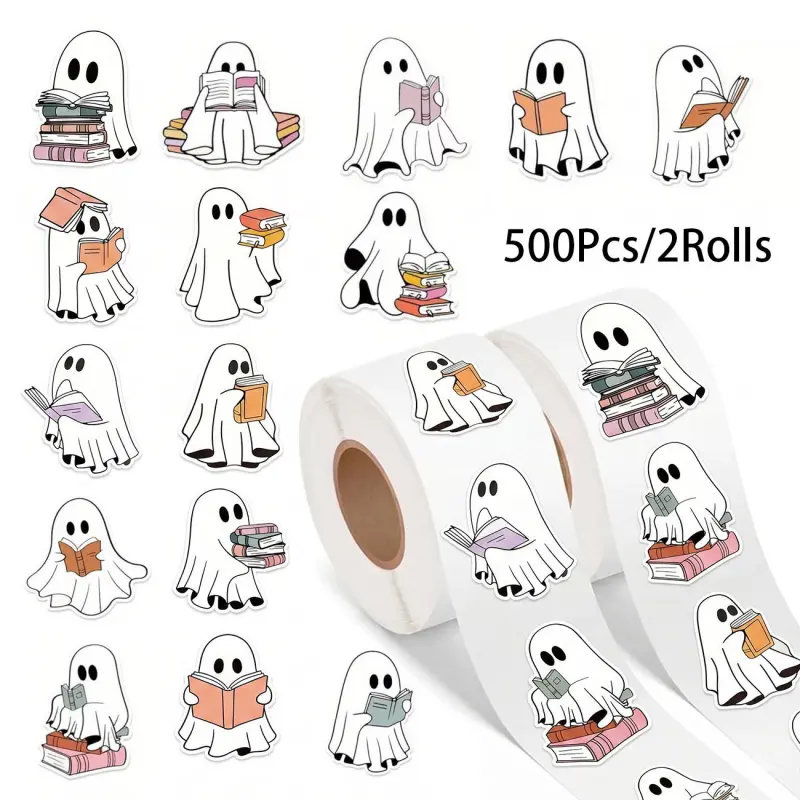 500Pcs/2Roll Ghost Story Reading Book Sticker Roll Halloween Cartoon Little Ghost Book Fan Sticker Waterproof Self-Adhesive Decorative Sticker Self Adhesive Stickers