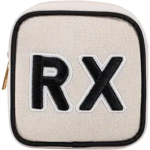 Small Canvas Rx Medicine Packages, Cute Chenille Letter Patch Drug Makeup Bag with Metal Zipper, Mini Travel First Aid Purse Organizer Machine Washable (01Beige).
