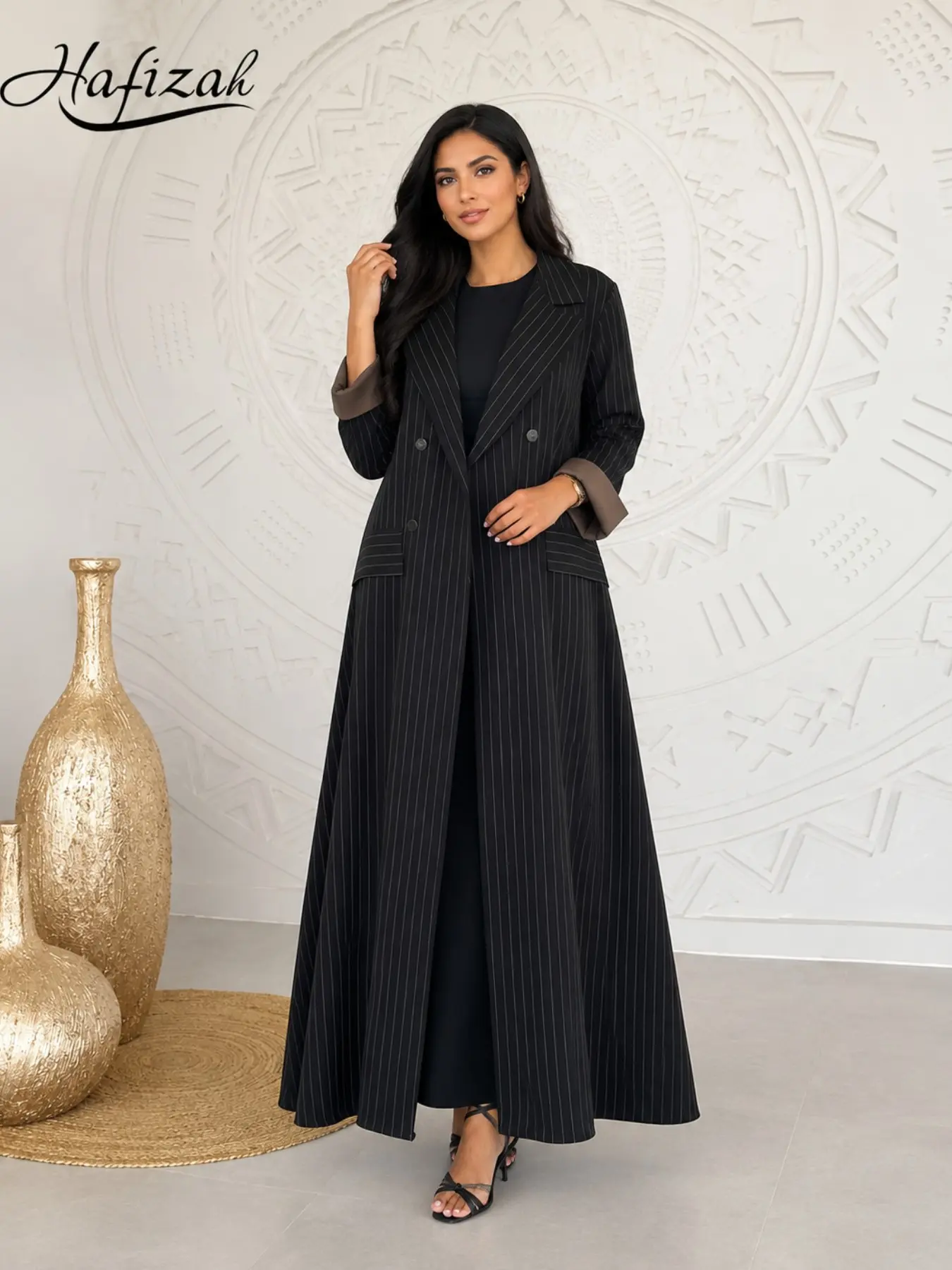 Women's Striped Double-Breasted Abaya Coat, Colorblock Bell Sleeve Long Sleeve Elegant Muslim Dubai Fashion, Stylish Long Outerwear