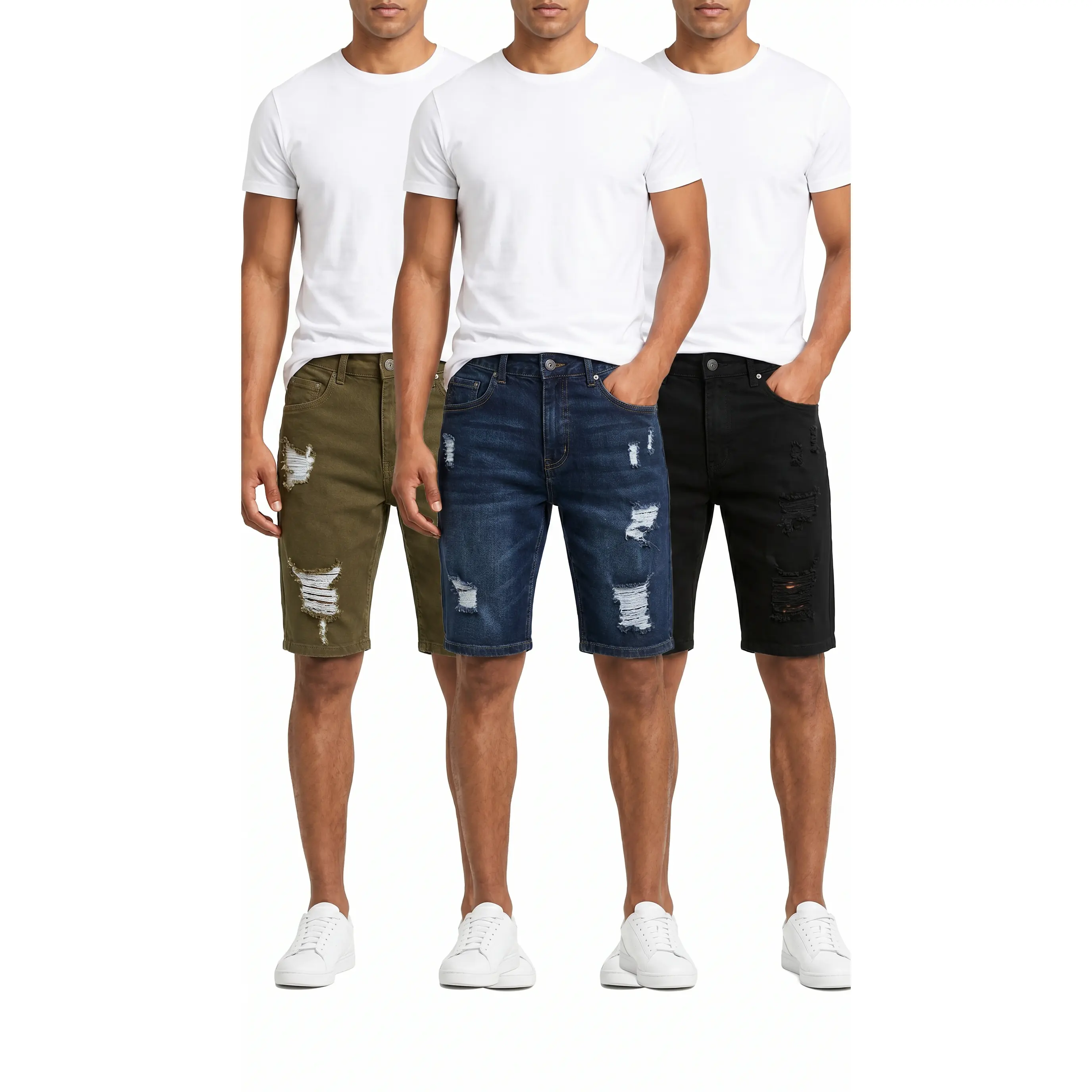 Men's 3-Pack Distressed Look Casual Denim Shorts - Straight-Leg, Stretch Cotton, Black, Olive, Indigo, Prop 65 Safe for Teens & Adults (Summer Menswear Bottoms), Men’s Shorts, Jean Shorts Tropical Beige