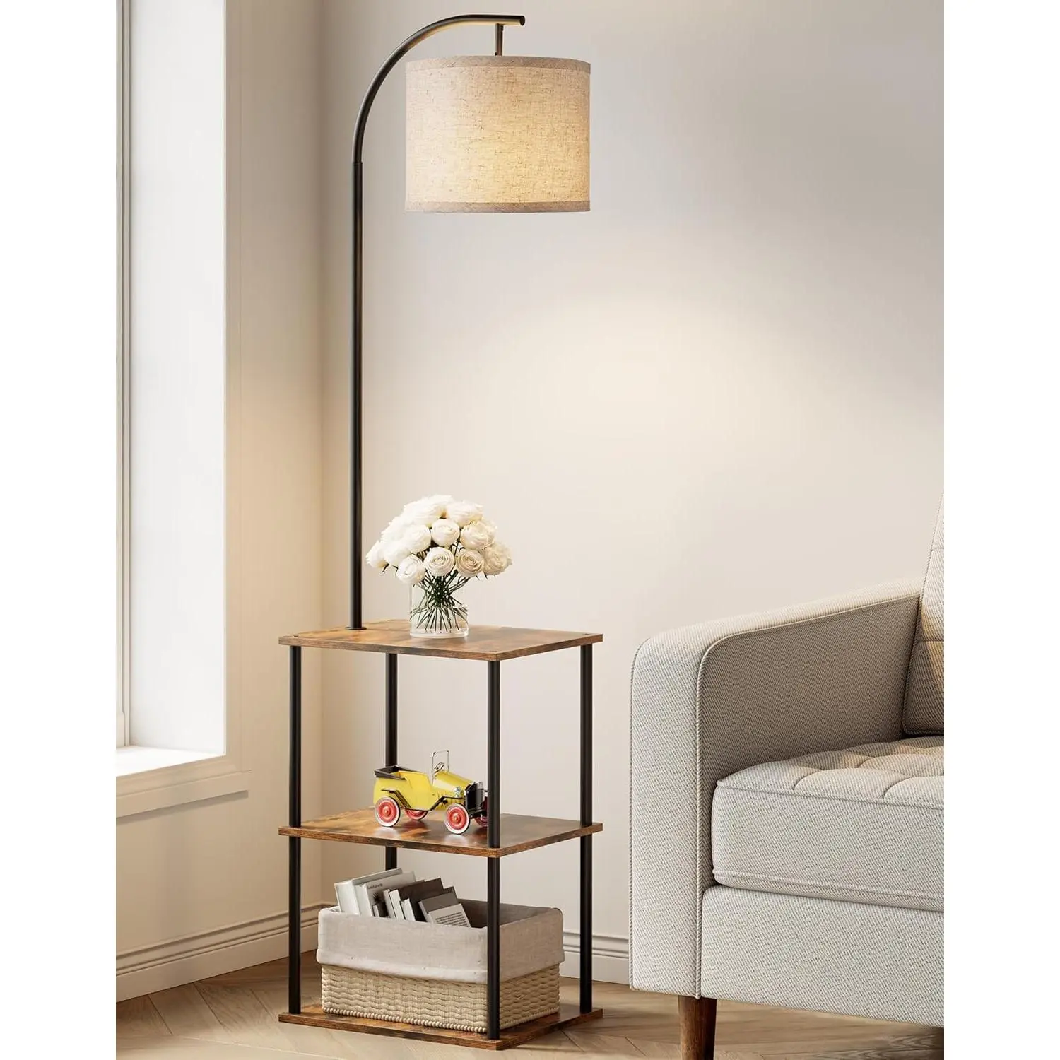 Floor Lamp with Table, Night Stand with Lamp, Narrow Side Table with 3CCT LED Bulb, Small Coffee Table, Modern End Table with Storage Shelves for Living Room Bedroom Home Décor