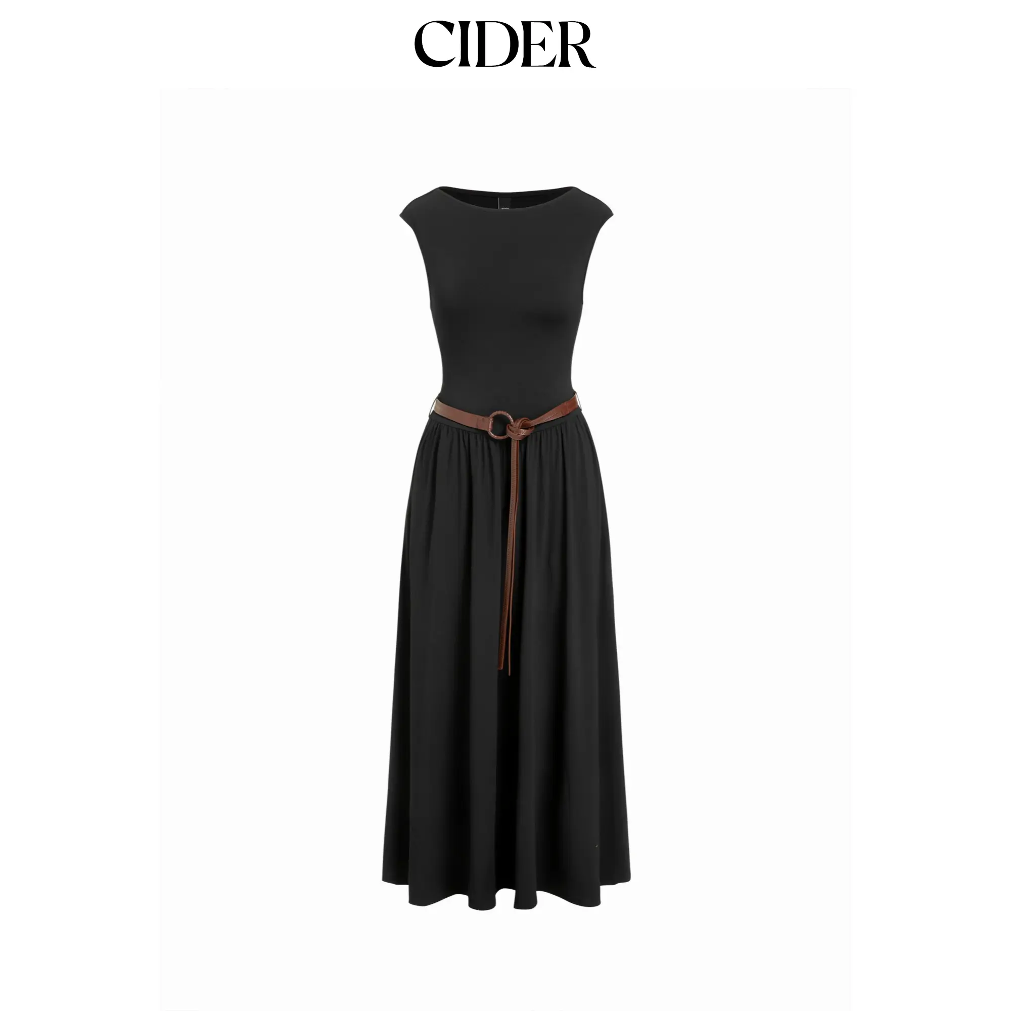 Cider High Stretch Boat Neck Pocket A-line Maxi Dress With Belt SohoChic