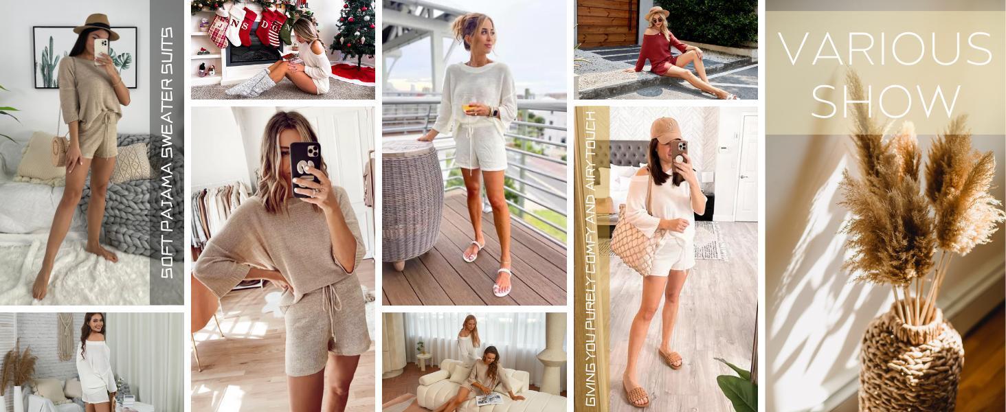 【New】Imily bela Women's 2 Piece Outfits Sweater Sets Off Shoulder Knit Top Shorts Matching Suits Cute Pajama Lounge Set 【New】Imily bela Women's 2 Piece Outfits Sweater Sets Off Shoulder Knit Top Shorts Matching Suits Cute Pajama Lounge Set