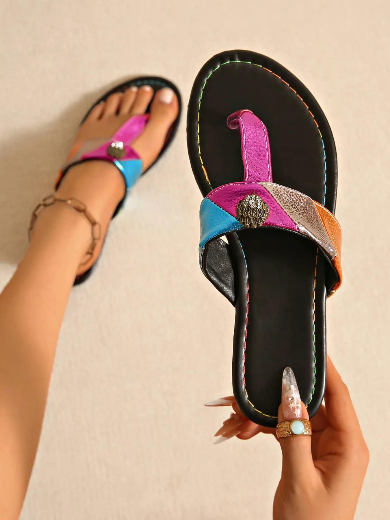 2026 New European Style Patchwork Sandals for Women, Vintage Metal Decor Soft Sole Flip Flops, Comfortable Flat Heel Outdoor Shoes