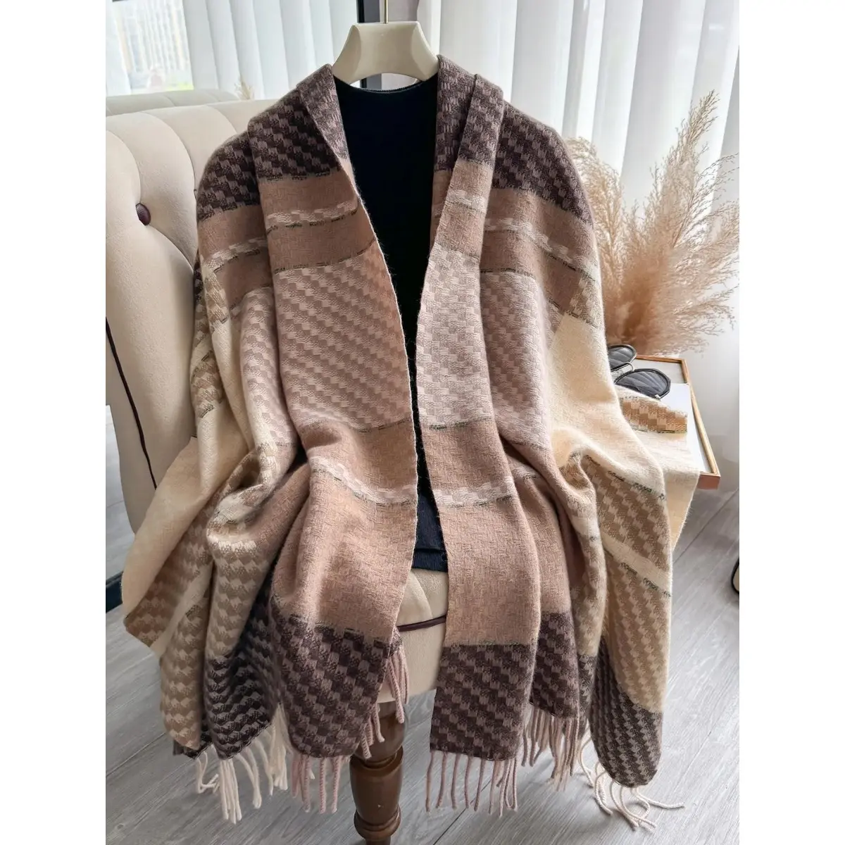 Women's Tencel Satin Washable Cotton Plaid Tassel Shawl - Soft, Warm, Thick Checkered Scarf, Casual Fall-Winter Fashion Accessory, Tassel Decor Shawl, Elegant