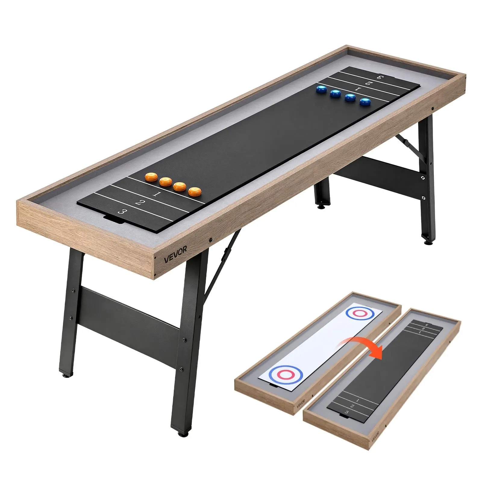 VEVOR 7 ft Engineered Wood Shuffleboard Table, 2-in-1 Shuffleboard & Tabletop Curling Combo Game, Compact with Smooth Surface, Folding Legs, 8 Pucks, Disassemblable, Easy to Move, for Family Games Room