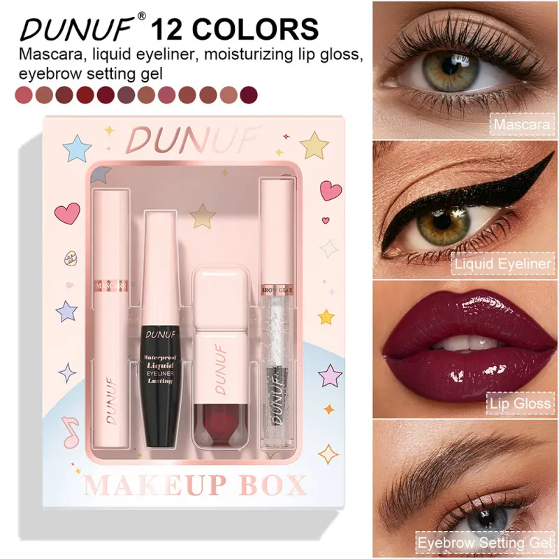 1PC TikTok EU All In One Makeup Set 4 Pieces 12 Colors DUNUF Complete Makeup Kit Waterproof Long Wear Mascara Eyeliner Shiny Lip Gloss Brow Gel Cute Star Box For Date Party All Day Cosmetic Gift