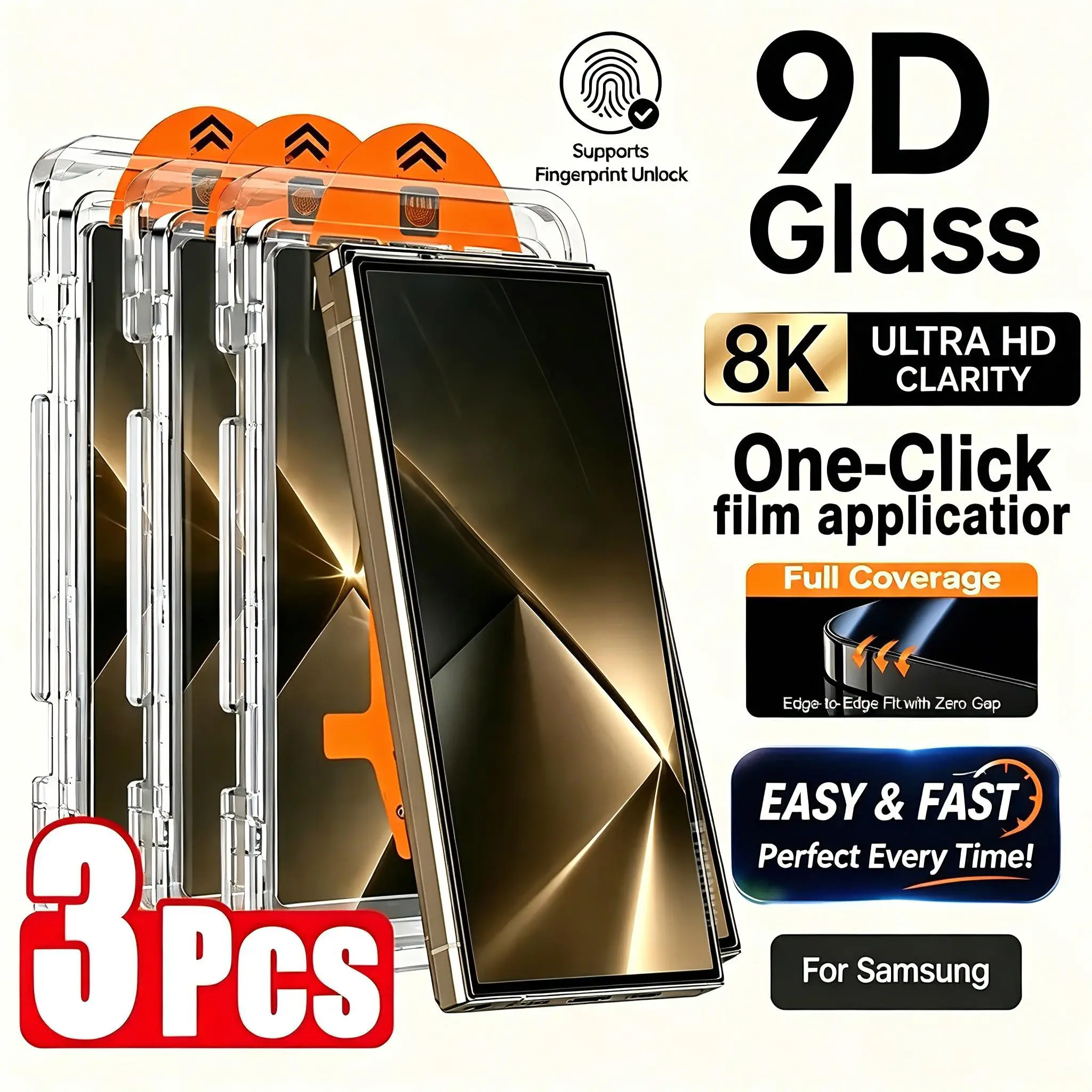 3-Pack Full Coverage HD Screen Protector, Supports Fingerprint Unlock, Suitable for Samsung Galaxy S22 5G/S22+ 5G/S23/S23+/S24/S25/S26/Plus/Ultra/S25 Edge Series, High-Definition Clear Tempered Glass, Anti-Scratch, Anti-Fingerprint, Easy to Install