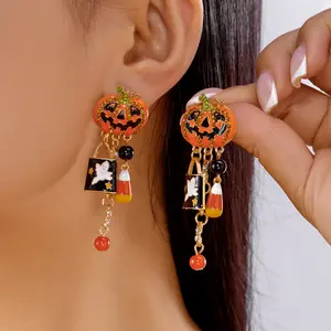 Halloween Themed Earrings, Gothic Tassel Studs With Pumpkin Ghost Charms, Spooky Holiday Drop Ear Jewelry For Women Party Outfit