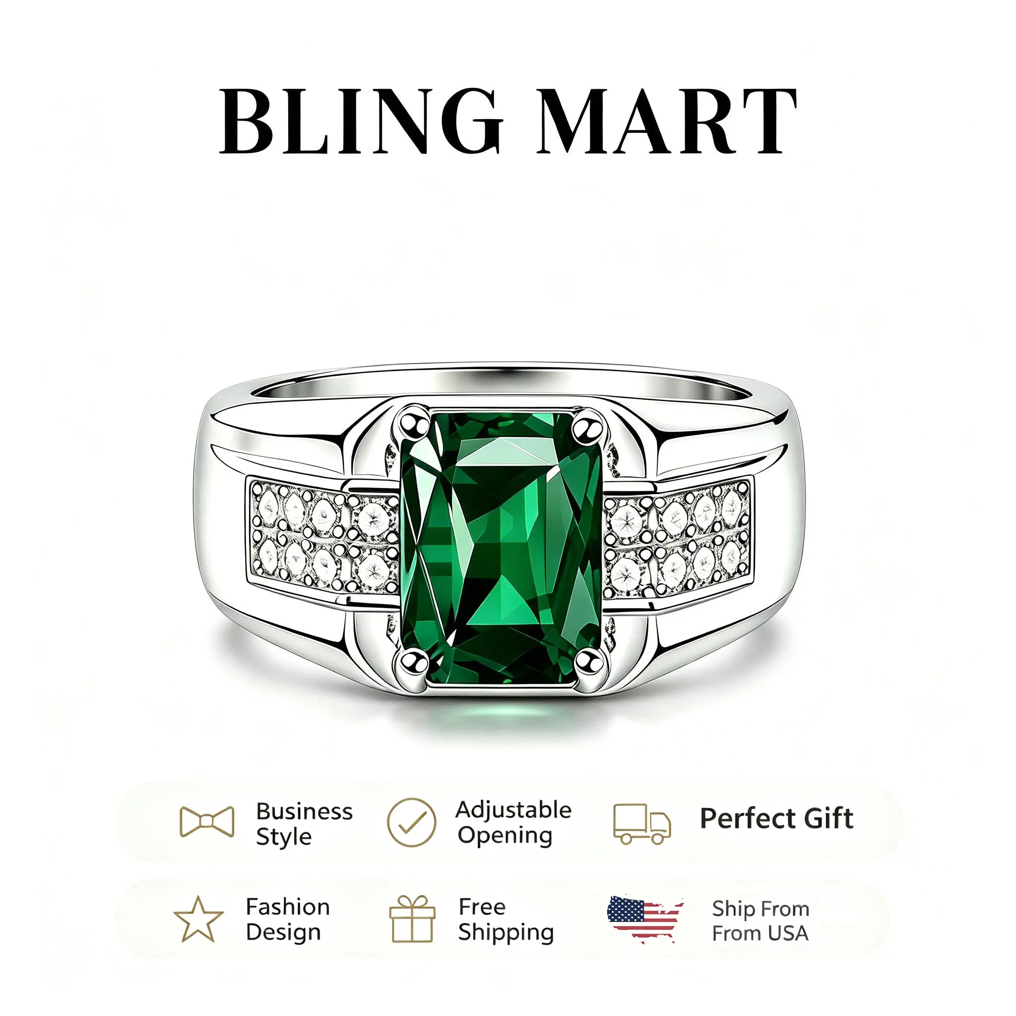 Square Green Zircon Adjustable Men's Ring, Anxiety Relief, Fashion Jewelry, Promise Ring, Birthday Gift Cz Rings
