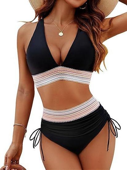 European and American style two-piece swimsuit for women, sexy solid color V-neck tight-fitting backless high-waisted bikini,   women's swimsuit