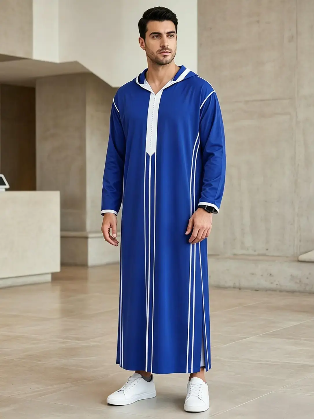 Muslim Men's Long Robe Loose Fit Jubba Jubbah Moroccan Style, Blue Striped Hooded Modest Islamic Thobe Clothing, Four-Season Prayer Robe, Wedding Gift, Traditional Embroidery