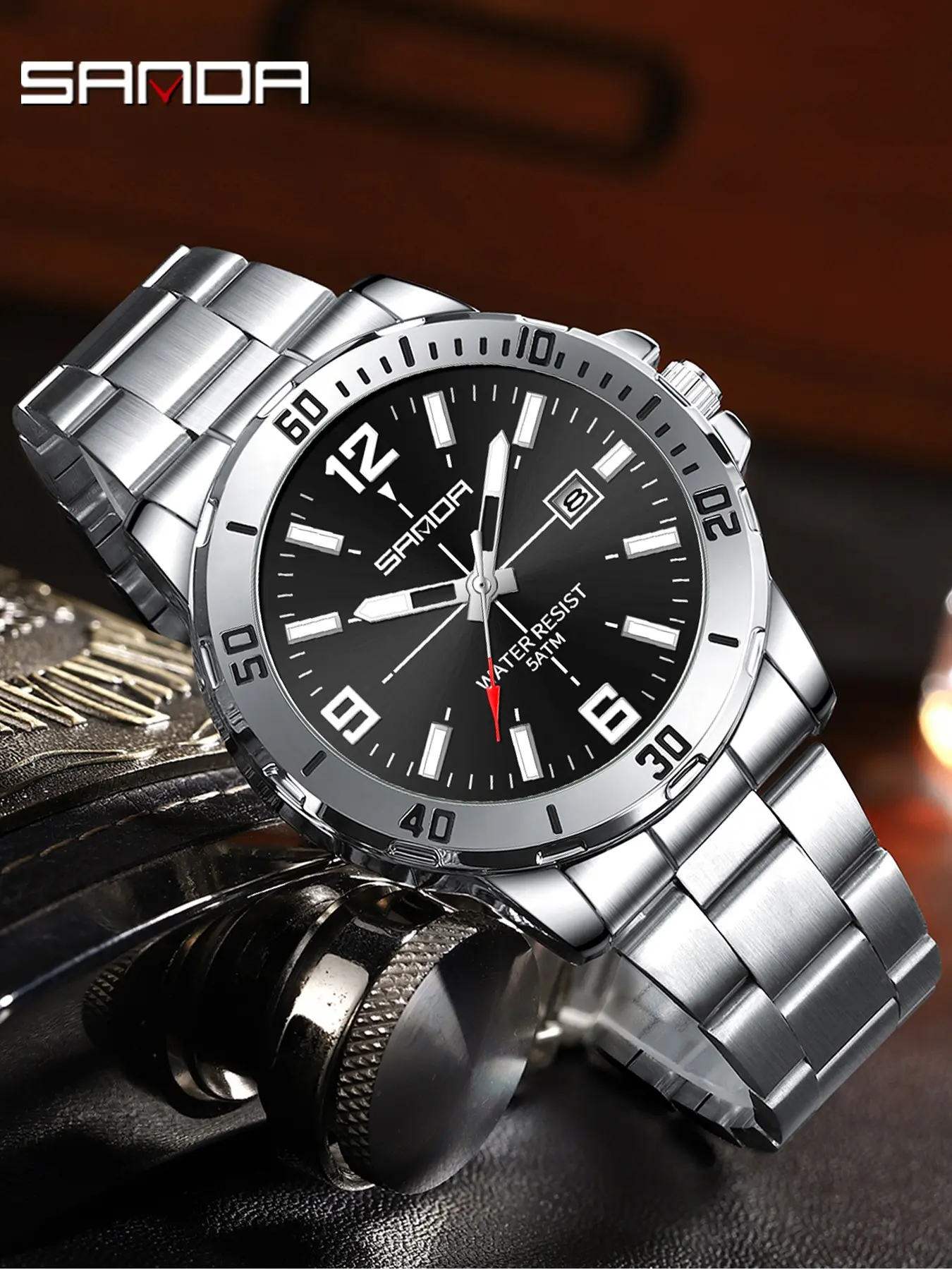 SADNA 3265 Men's Business Quartz Wrist Watch, Large Dial Watches, Waterproof, Calendar, Night Light, Stainless Steel Watch, with Luminous & Alarm & Calendar Function, Multifunctional Watch, with Box