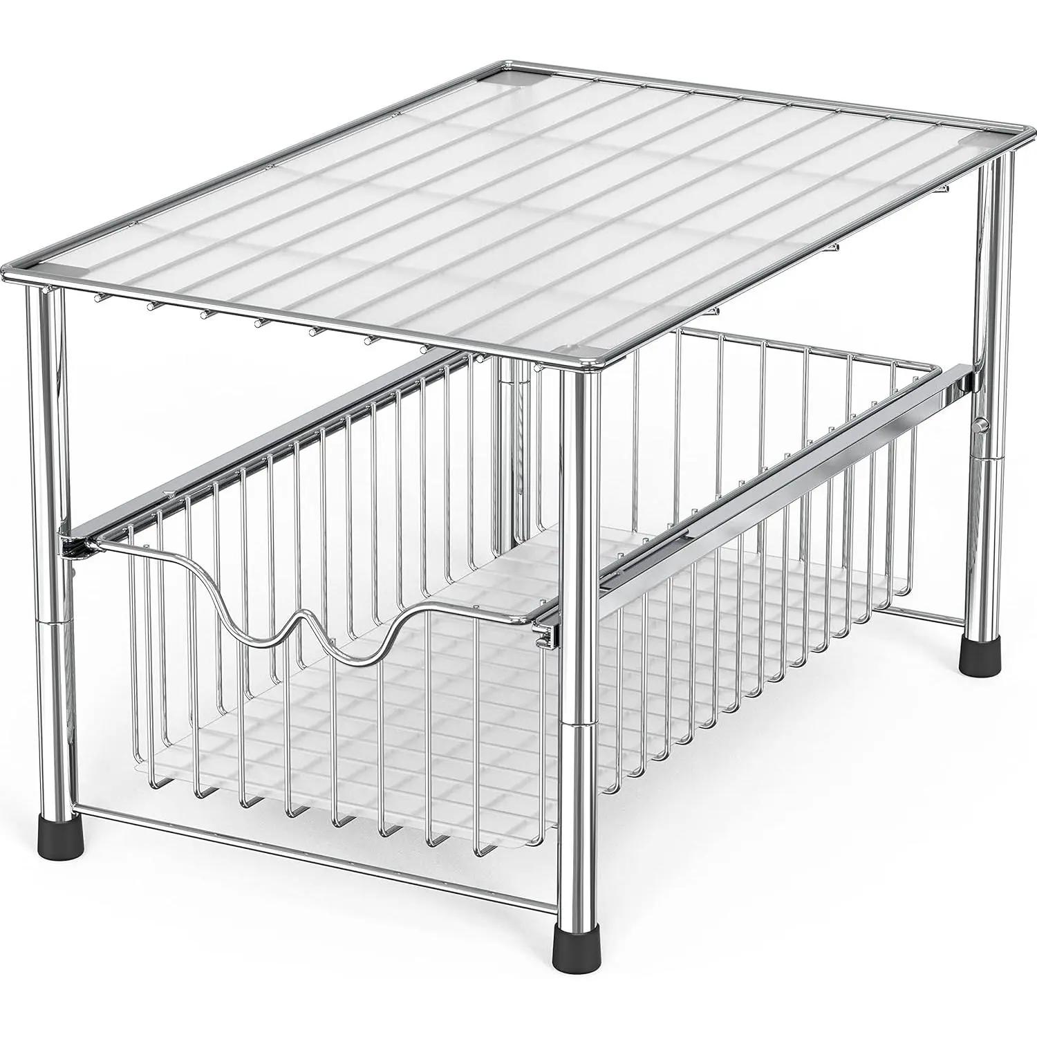 Chrome Metal Multifunctional Stackable Under Sink Kitchen Organizer with Sliding Basket, Home Supplies Storage Holder & Rack