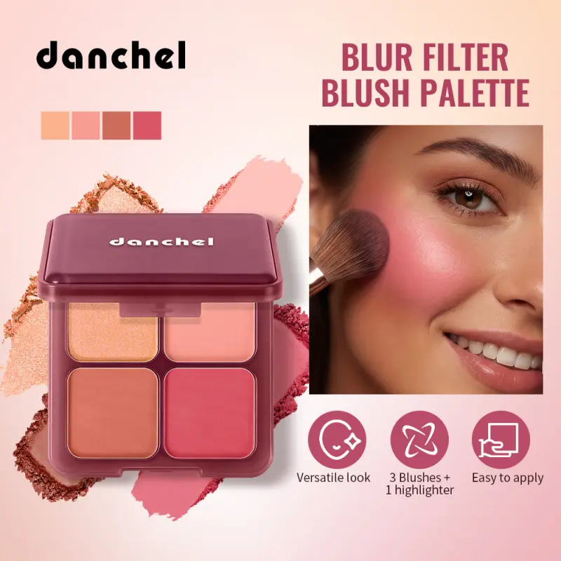 danchel Blur Filter 4 Color Blush Palette Matte Shimmer Texture, Smooth Blend For Romantic Cheek Look Multi Shade Long Lasting Everyday Versatile Makeup