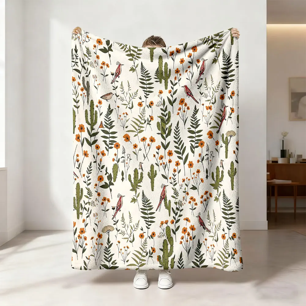 1pc Vintage Hand-painted Cactus Floral Bird Blanket, Soft Comfortable Printed Flannel Shawl Throw for Home Office Camping Sofa Bedspread, Warm Outdoor Bed Blanket, Ideal Gift