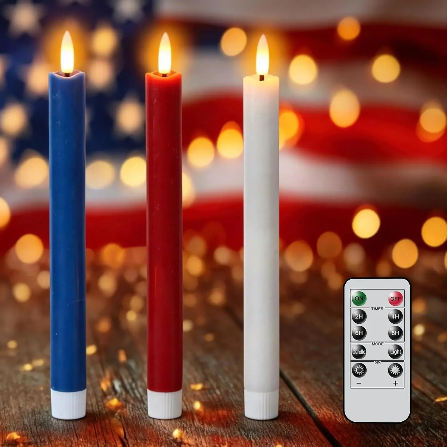 Patriotic Candles Flameless Taper Candles with Remote & Timer | Red White and Blue Candles  Operated  Wick Real Wax LED Flag Candles for Independence Day Decoration