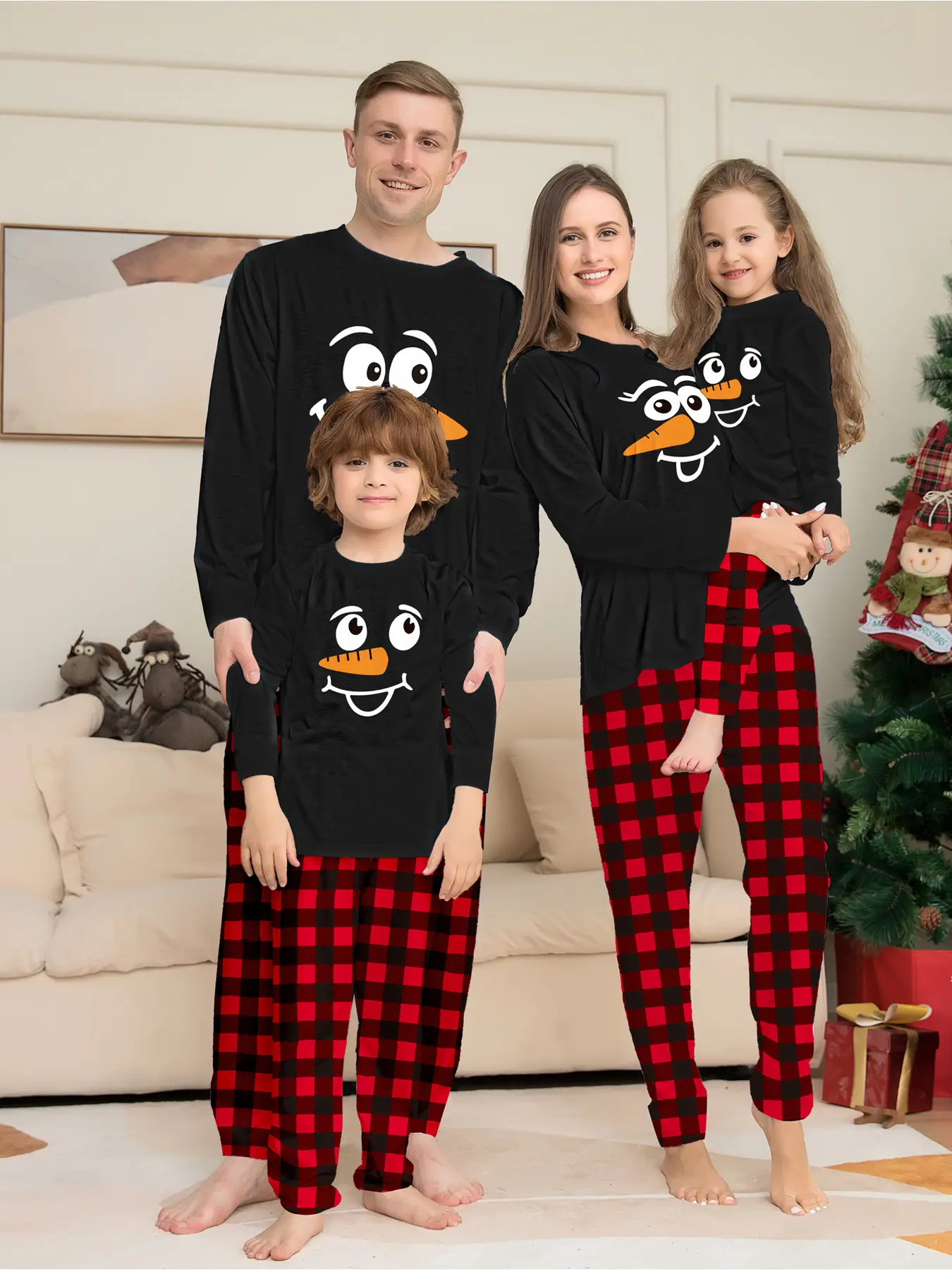 Adorable Snowman Christmas Pajama Set, Top with Cartoon Smile, Plaid Pants, Soft Comfortable, Family Sizes