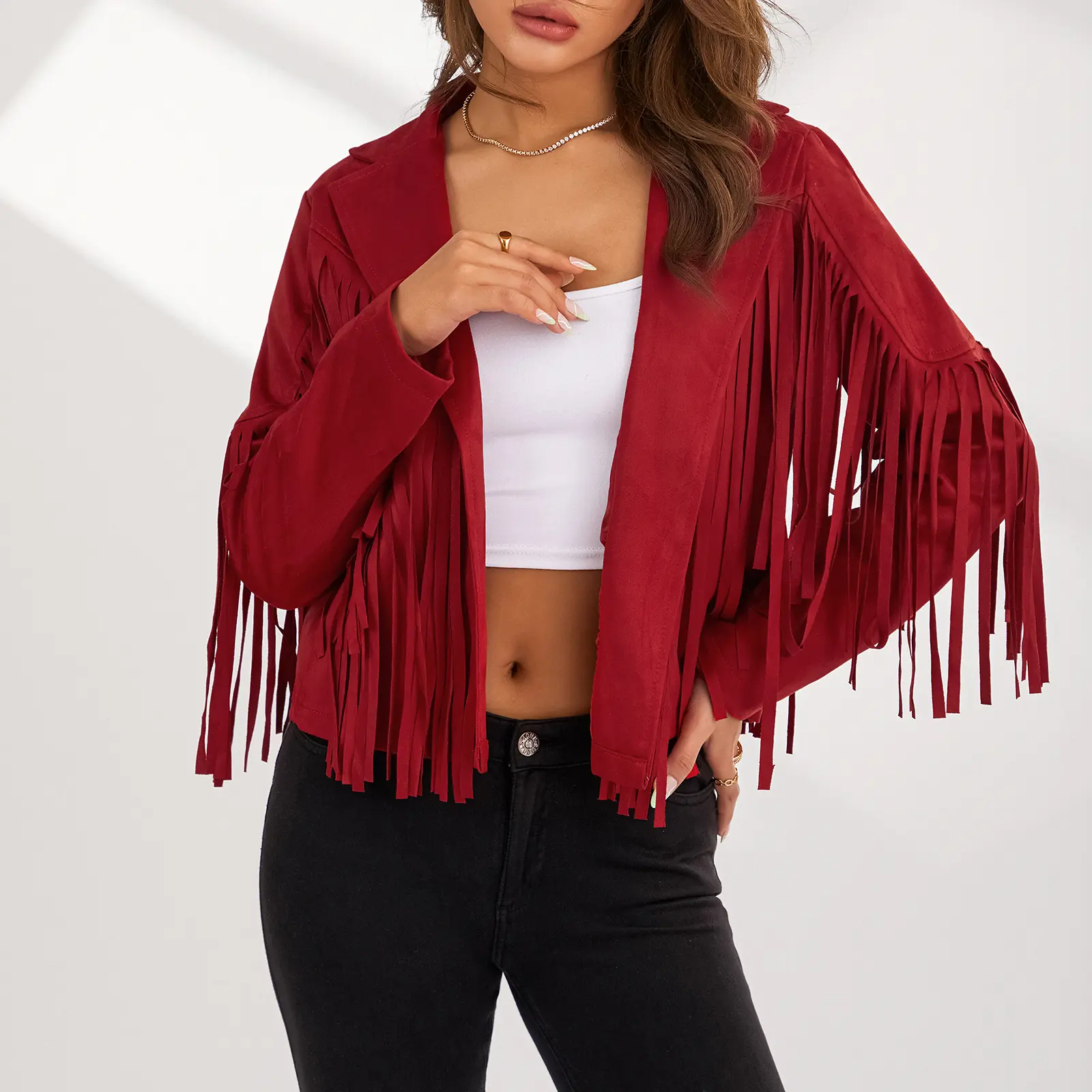 Woman Solid Color Collared Jacket with Tassels Long Sleeve Open Front Coat, Black/Coffee/Pink