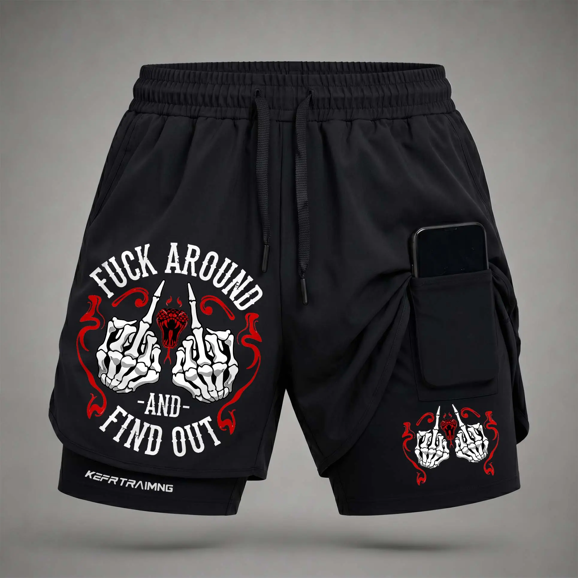 Men’s "Fuck Around And Find Out" Graphic Print 2-in-1 Elastic Waist Shorts, Built-in Compression Liner, Secure Inner Phone Pocket, Quick-Dry Athletic Shorts for Summer Gym Running, Sporty Chic
