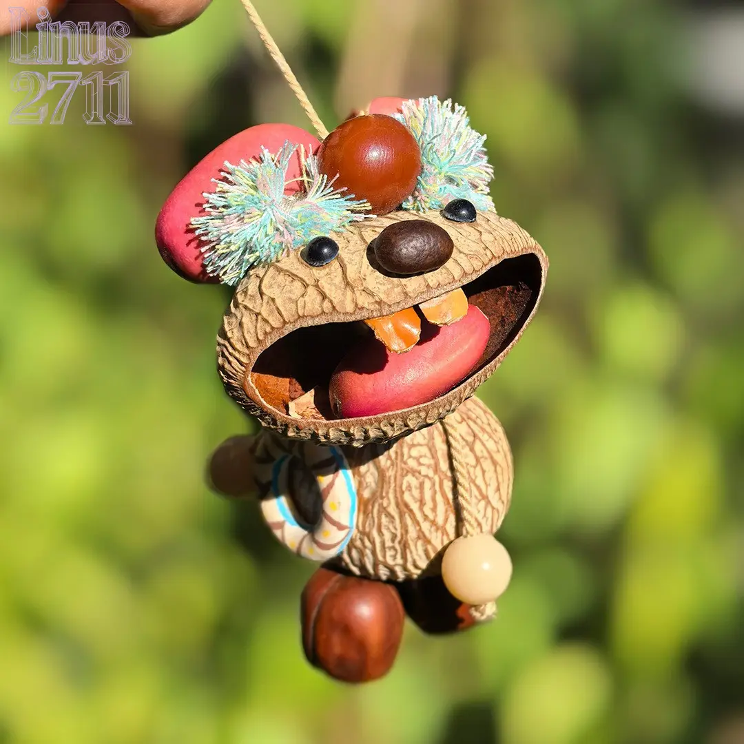 Cute Natural Dried Fruit Shell Seed Doll Hanging Ornament Handmade Rattle Bell Boho Backpack Bag Charm Cottagecore Decor