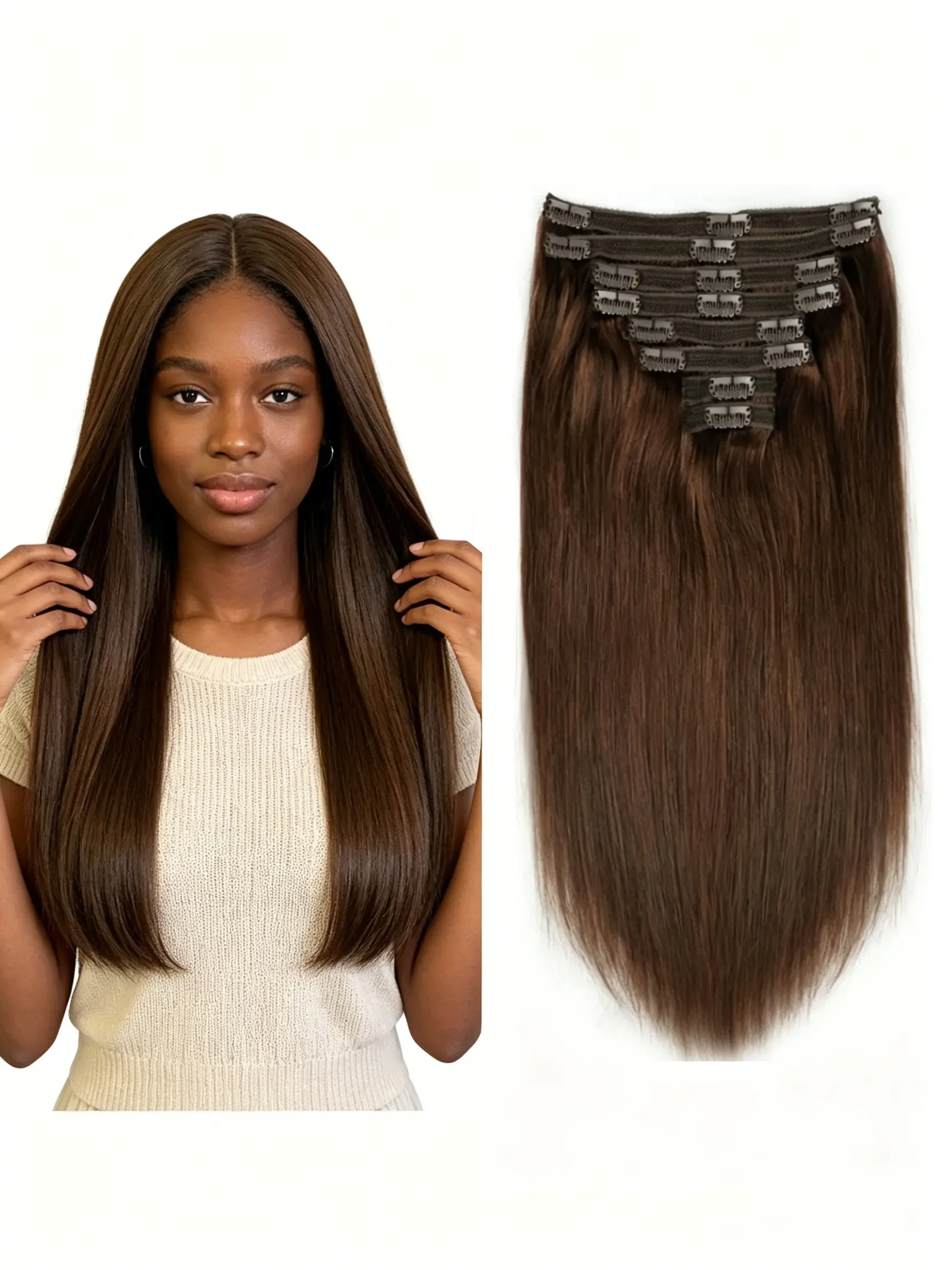 Invisible Seamless Double Weft Clip In Human Hair Extensions 8Pcs Real Remy Straight Hair 18 Secure Clips Multi Length 14-28 Inch #4 Light Chocolate Brown Removable Soft Hairpieces For Women Men