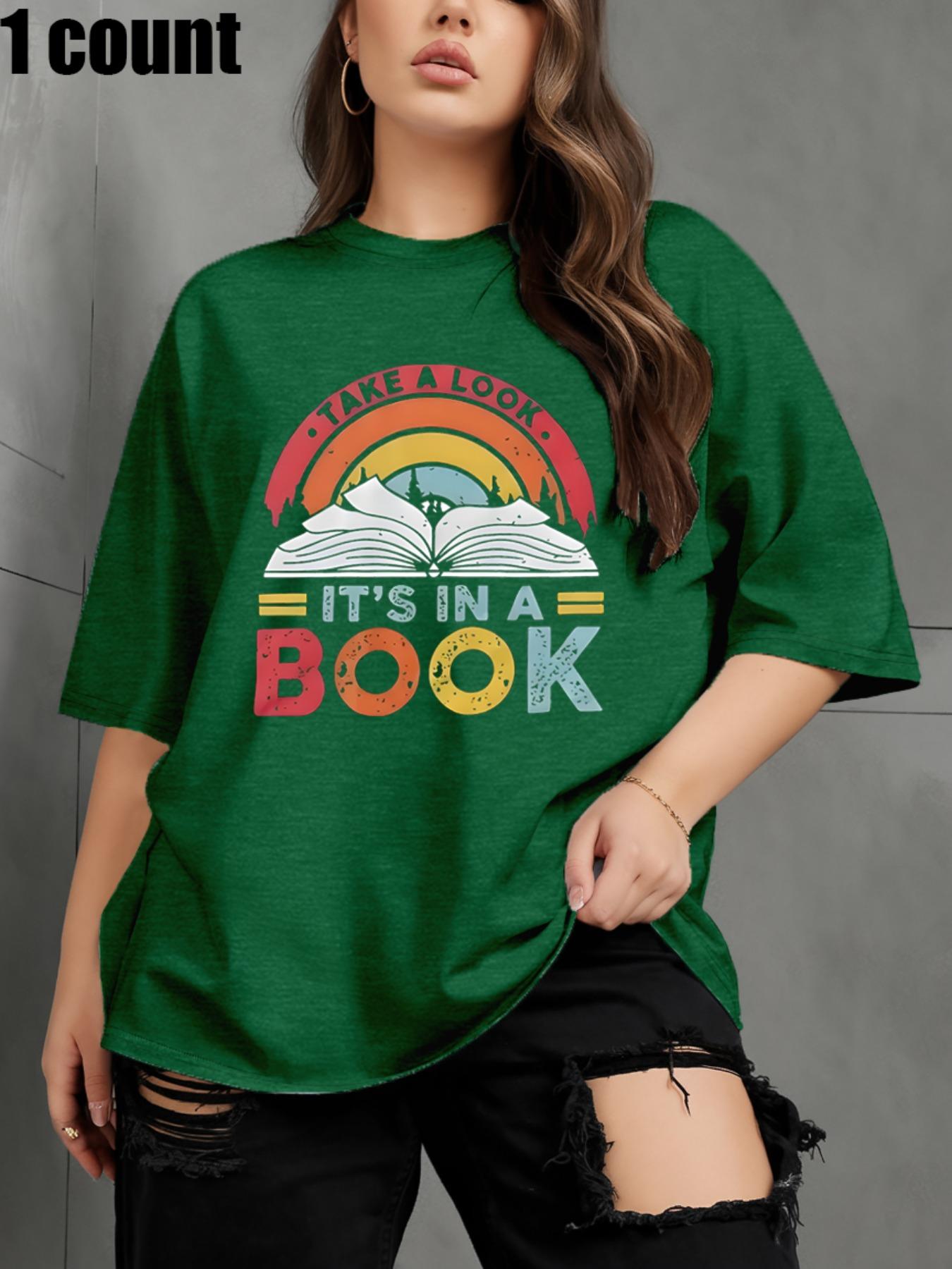 【Plus Size】 Book & Letter Print Round Neck Tee, Fashion Casual Crew Neck Short Sleeve T-Shirt for Daily Outdoor Wear, Women Tops for All Seasons