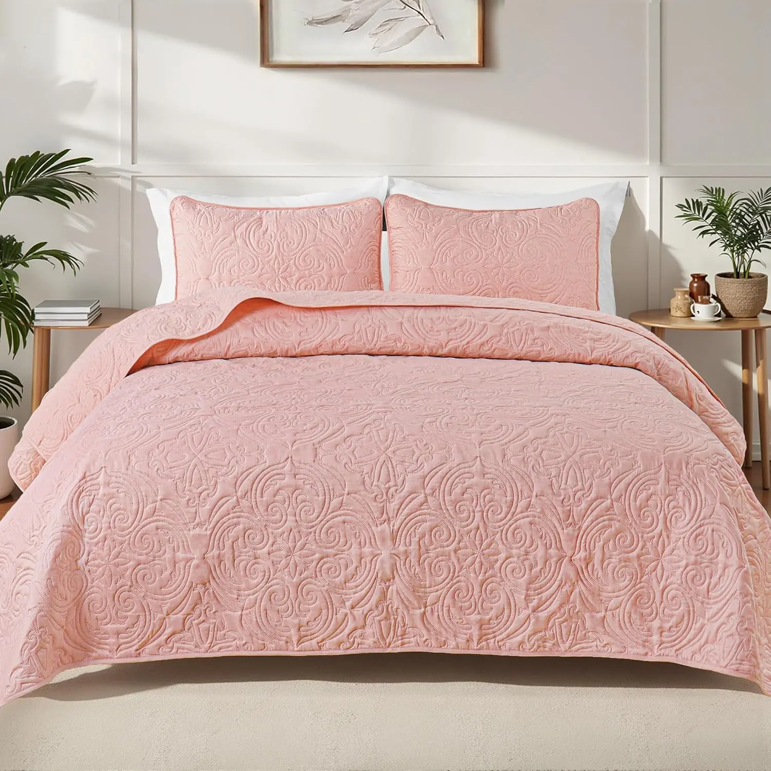 Quilts Queen Size Bedding Set with 2 Pillow Shams, Lightweight Blush Pink Full Queen Quilt Bedspread with Vintage Damask Pattern, Soft Bedspreads Coverlets for All Seasons
