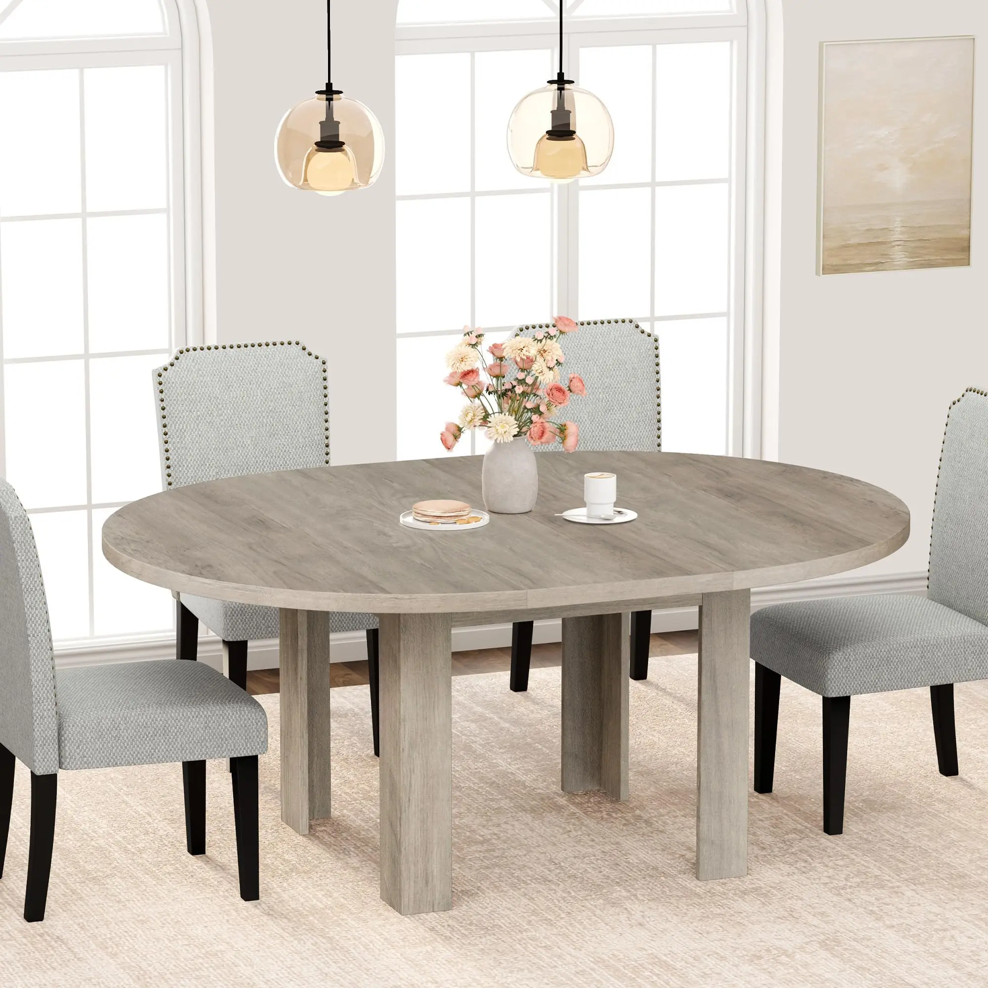 Extendable Dining Table for 4-6 People, Adjustable 47-63 inches, Round to Oval Design, Available in Grey or Black, Features Durable L-Shaped Legs, Ideal for Small Spaces and Farmhouse Kitchens
