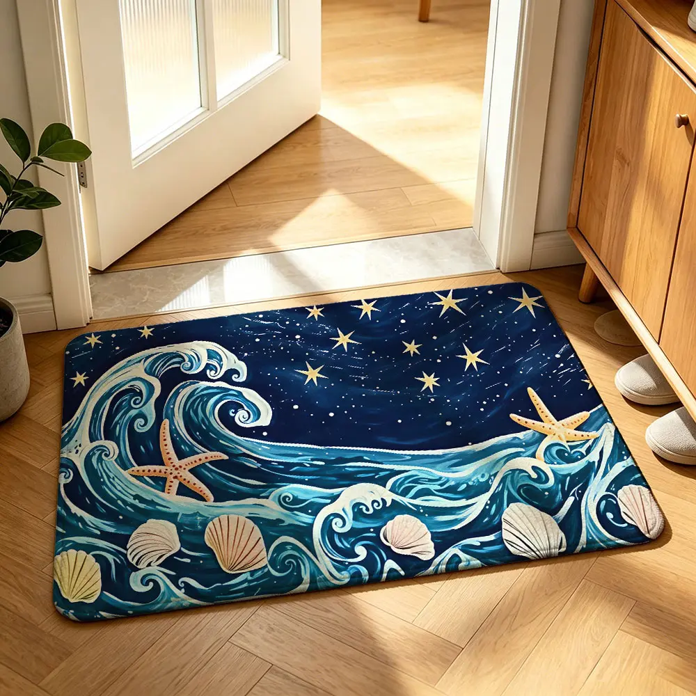 1 piece marine-themed wave and shell pattern printed floor mat, suitable for entrance halls, outdoor bathrooms, and other entryway floor mats. It features anti-slip properties and is an elegant home decoration item that can also be given as a gift