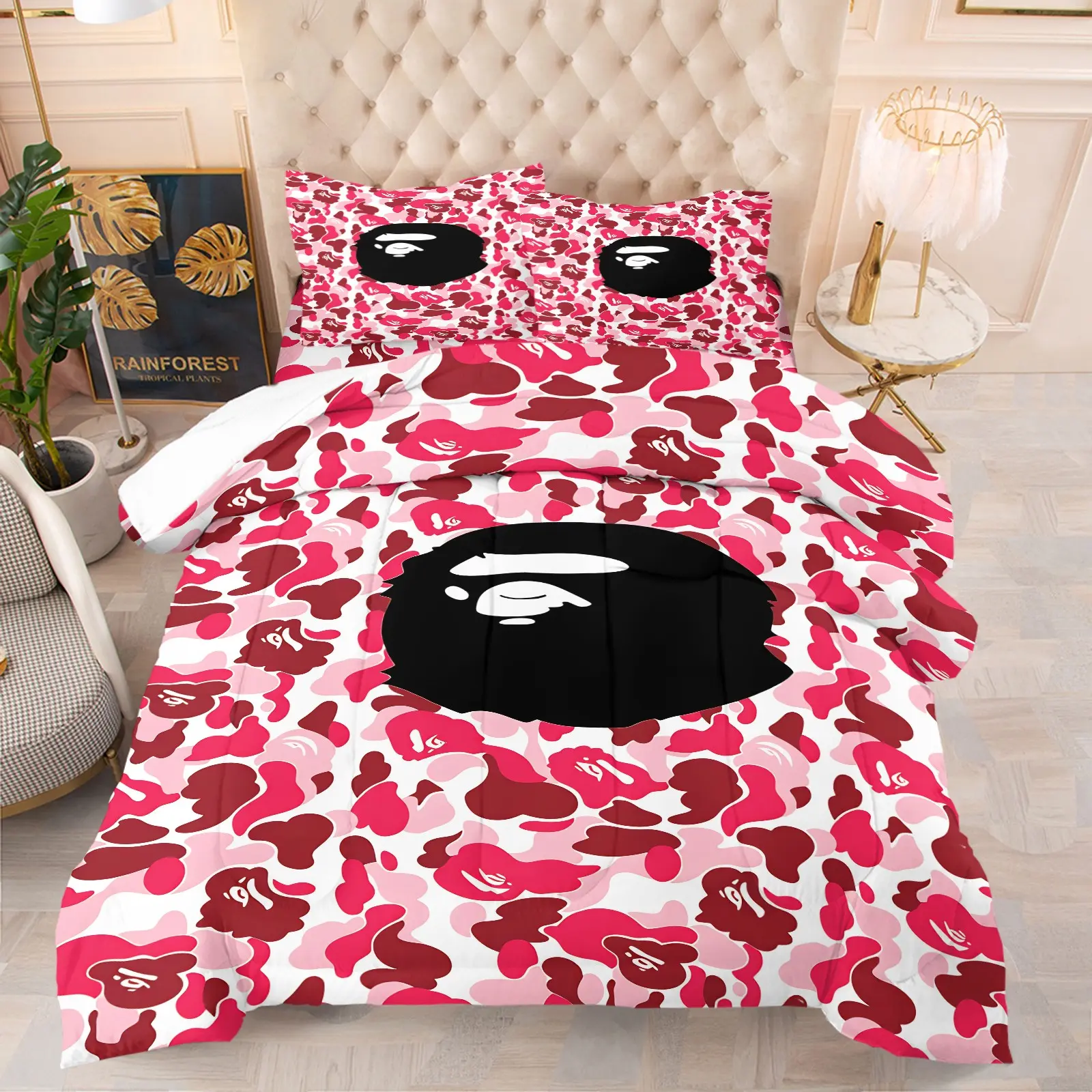 Sweet Cool Pink Camo Animal Head Print Quilted Comforter Set, Include One Quilt Core and 1/2 Pillowcases, Trend Street Style Unique Soft Bedroom Fashion Bedding Decor, Soft Breathable, Durable and Wrinkle Resistant