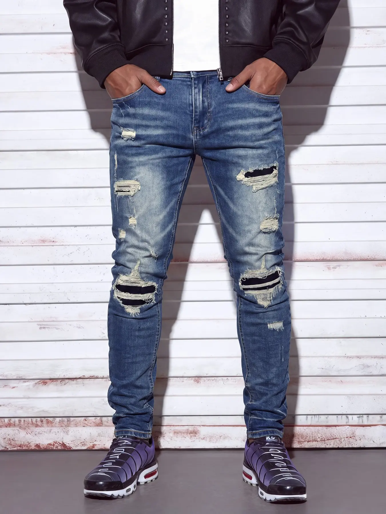 Men's Ripped Hole Washed Denim Jeans, Elastic Slim Fit, Large Rips Detail, Casual Everyday Long Pants, All Seasons Wear