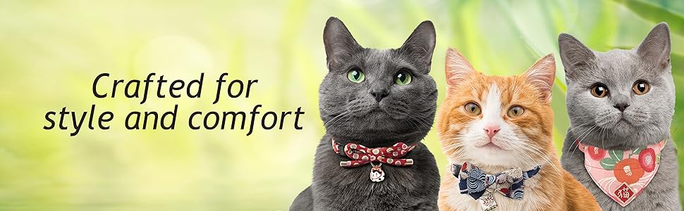 Hanami Bow Tie Cat Collar (Green) with bell safety breakaway soft lightweight for cats kitty kitten Japanese stylish pattern, No.1 Seller in Japan