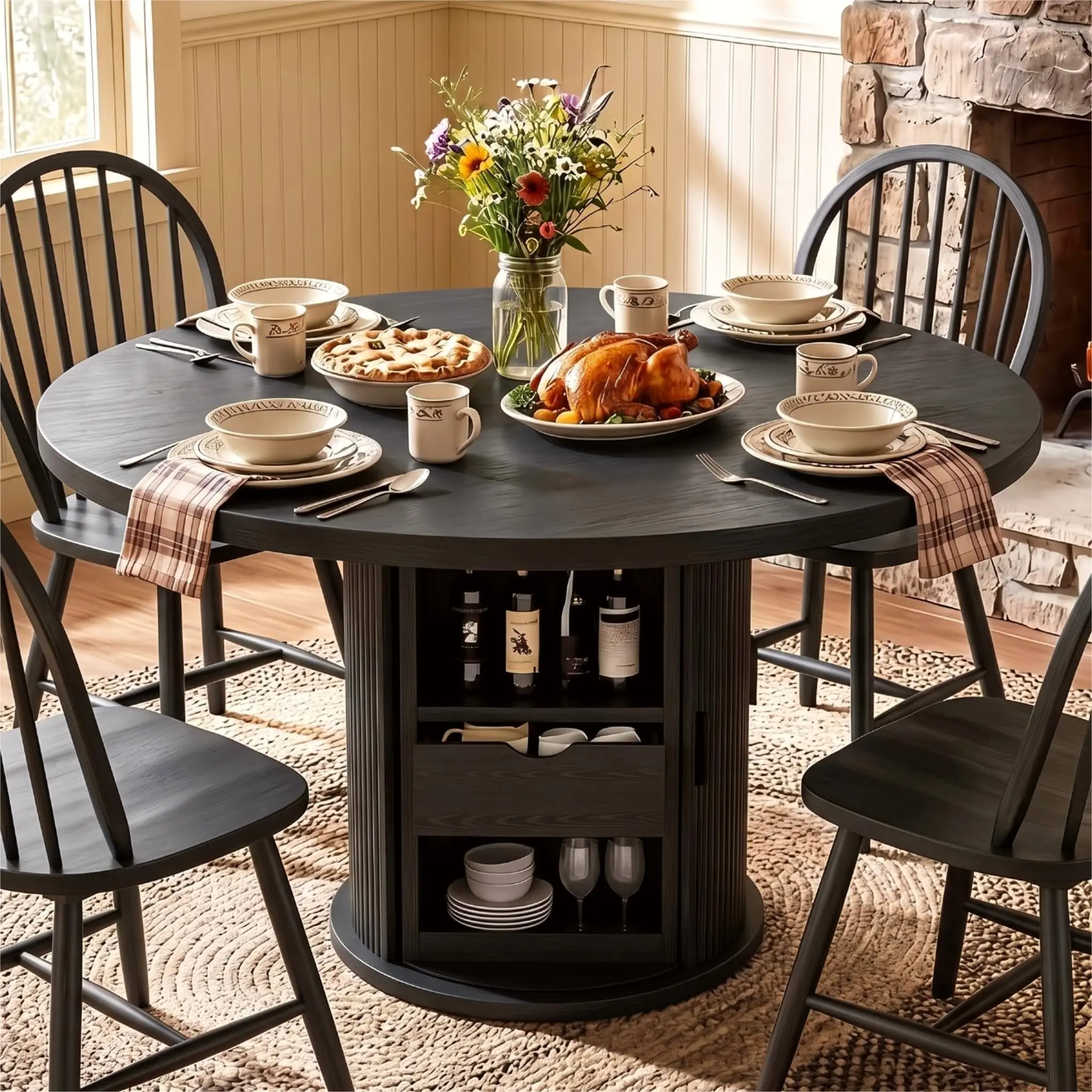 47" Circular Farmhouse Dining Table - Seats 4-6 People, Black/Natural/Walnut Finishes, Ideal for Cozy Kitchen & Dining Spaces