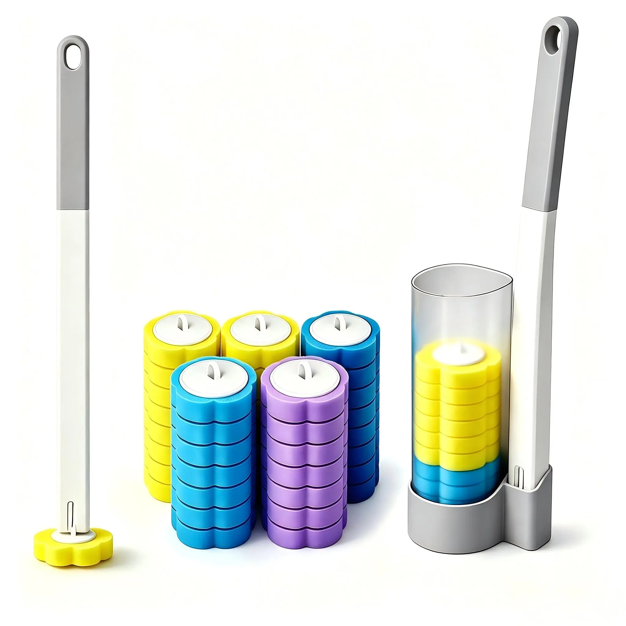 Disposable Toilet Bowl Cleaning Kit with 12/24/36 Plastic Cleaner Refills, Long-Handle Rotatable Sponge Scrub Brush, Wall-Mount Storage Caddy, Fragrance-Free Low-Foaming Cleaners for Toilet, Sink, Bath Tub Accessories, Cleaning Supplies