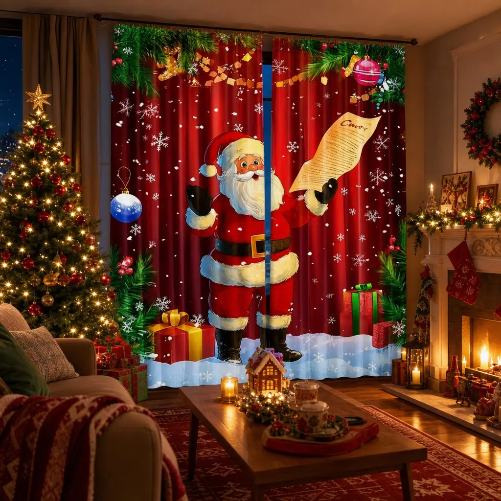 2 Piece Festive Christmas Santa Curtain Set with Snowflake and Pine Branch Art Design, Washable Polyester for Living Room Kitchen Dining Room Holiday Home Decor