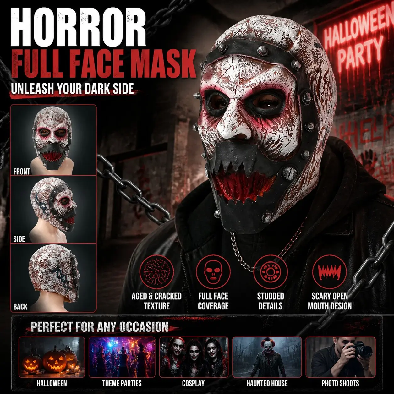 Horror Zombie Devil Mask, Rivet Belt Monster Halloween Full Head Latex Mask, Bloody Ghost Role Play Props, Adult Costume for Parties