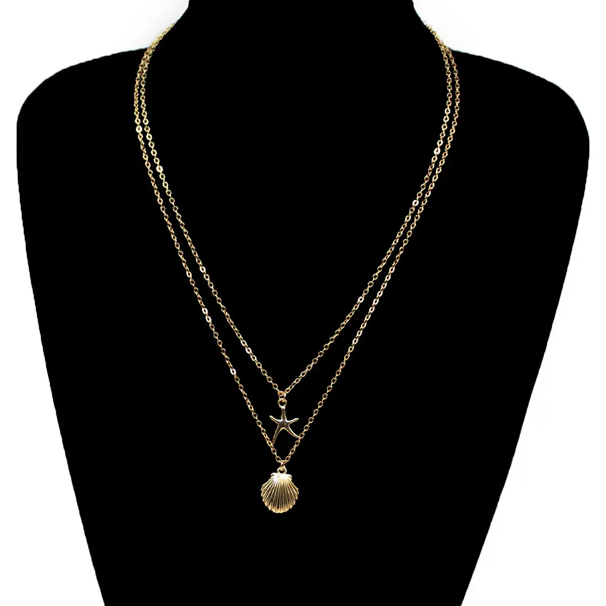 Two Layer Starfish Seashell Stacked Necklace Ocean Beach Pendant Dainty Cable Chain Necklace Gold Silver Two Tone for Women