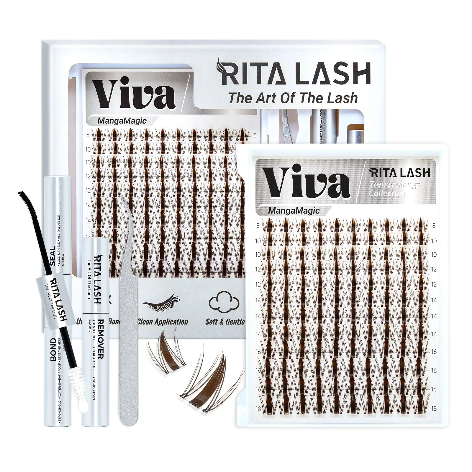 Viva | RITALASH Eyelashes 120PCS Dark Brown - Manga Kit Lashes with Ultra-Dense, Waterproof, Long-Lasting Lashes | Fairy | Fashion Wet Look | Beginner-Friendly DIY Lashes for a Flawless Look with Bond&Seal Remover and Tweezers