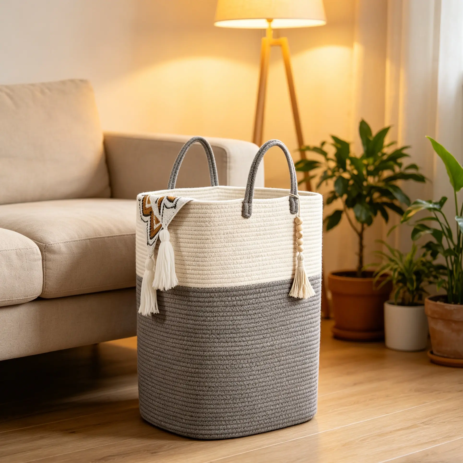 Woven Laundry Basket, 65L Large Rectangular Clothes Storage Basket, Decorative Bead Trim, Bedroom Tall Dirty Laundry Bin, Elegant Laundry Room Organizer